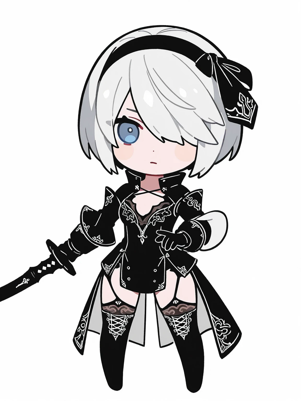 <lora:Nier_Rein2B-IL:0.8> 1girl, white hair, short hair, hair over one eye, blue eyes, solo, chibi, full body, white background, nier2Balternate, hairband, blue eyes, hair over one eye, black dress, holding weapon, katana, black gloves, tailcoat, garter straps, thigh boots, masterpiece, best quality, detailed, highres, newest, recent, very awa, very as2