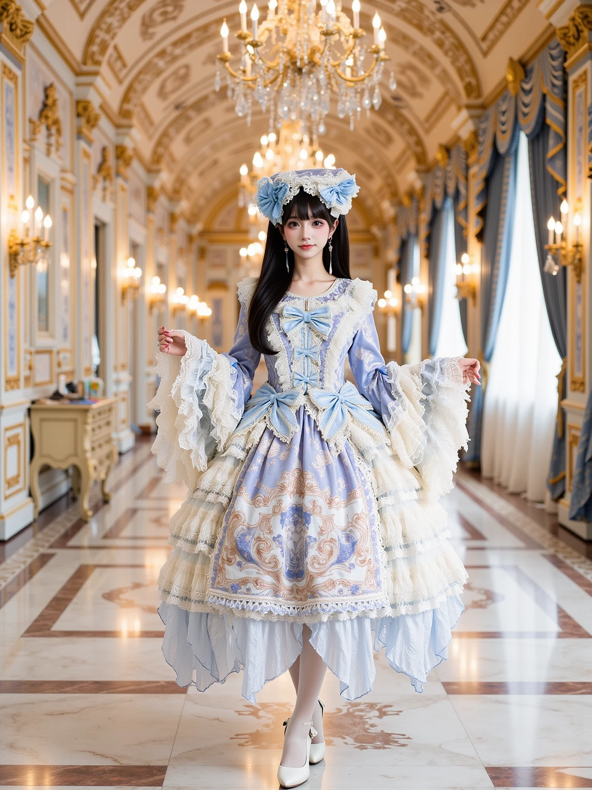 A realistic photo of a slender beautiful young cosplayer in blue and white cyb dress. She is also wearing white pantyhose and white high heels. She has long black straight hair with hairband. She is looking at viewer and smiling.
The sence is an opulent ballroom with golden chandeliers, marble floors, and grand arched windows draped in velvet curtains. The room is illuminated by warm candlelight, with intricate rococo-style details on the walls and ceiling.
The photo is a full body shot with her entire body visible and with detailed background.