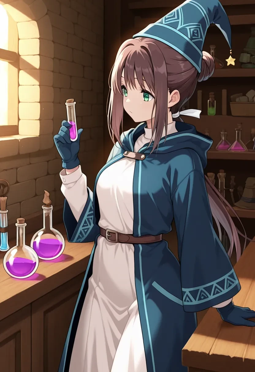masterpiece,best quality,amazing quality,
1girl, solo,
Nanase Ren, long hair, brown hair, ponytail, hair bun, green eyes,
wizard, wizard hat, robe, dress, long sleeves, gloves, indoors, bricks, potion, flask, vial, cowboy shot,