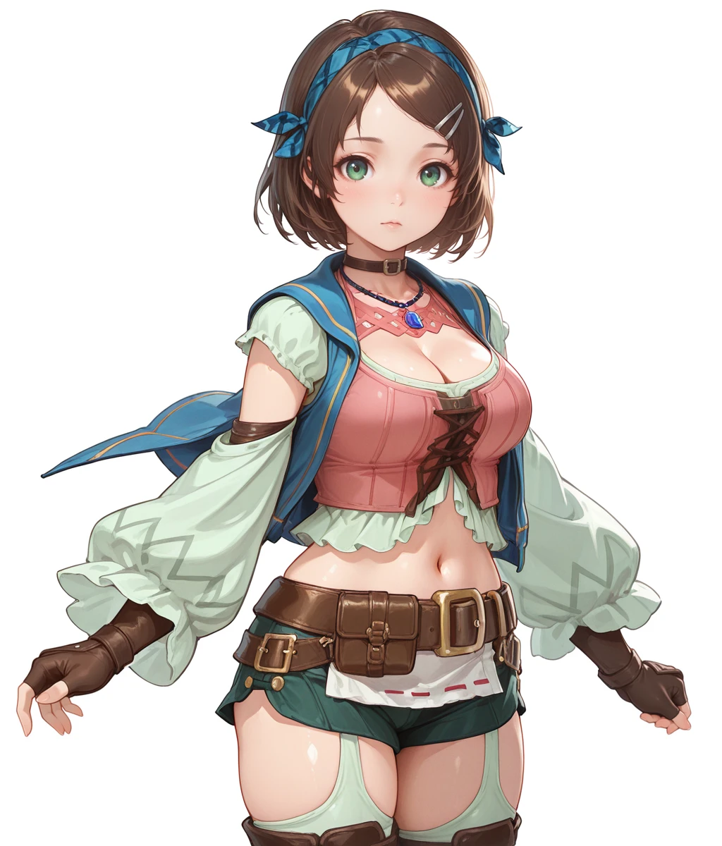 (((kipteitei art))), game cg, Masterpiece, high quality, best quality, beautiful, HD, perfect lighting, detailed face, detailed body, ultra cute face, ((1girl)), ((solo)), brown hair, short hair, hair between eyes, ponytail, blue eyes, elf, fantasy, blush, shocked look, surprised, looking at the viewer, standing, hands on hips, (brown shorts), belt, laced shirt, frilled shirt, peasant clothes, fantasy clothes, (small breasts), cleavage, perky breasts, (wide hip), ((thick thighs)), she is bottom heavy, (white background),