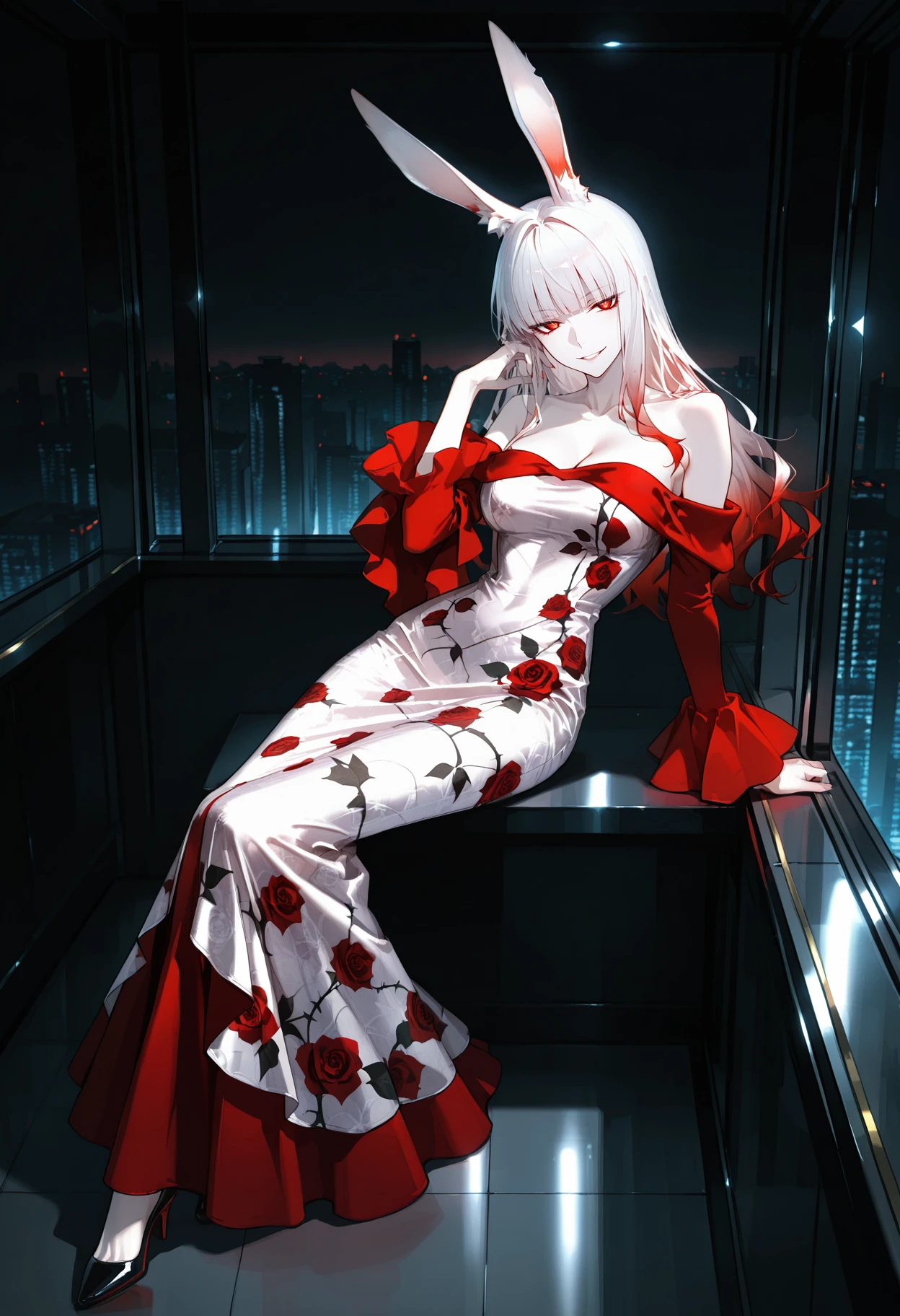 full body, 
1girl, rabbit ears, ((white hair), red hair, gradient hair), long hair, blunt bangs, red eyes, detailed eyes, (pale skin),
dramatic light, 
looking at viewer, evil smile, sitting on balcony, sitting, leaning back, 
night time, sci-fi, city, indoors, windowsill, seductive pose,from above,
<lora:RoroririQipaoIL:1>,   velvet dress, detached sleeves, long sleeves, red sleeves, bare shoulders, long dress, rose print dress, floral print, white dress, red dress, 
masterpiece,best quality,amazing quality,  <lora:lmia4IL-style:1>,