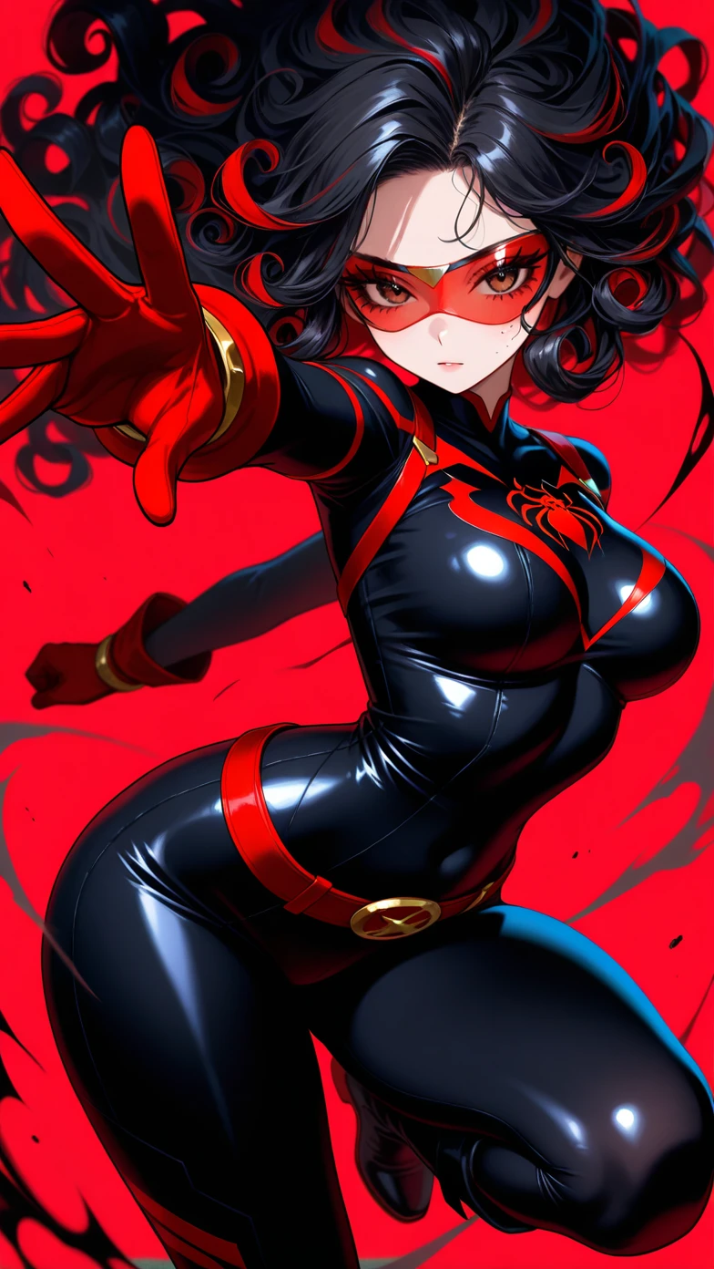 A black-haired, overweight girl with freckles and glasses, wearing a red enamel catsuit with a black corset over it and black enamel gloves. Thick eyebrows Torture chamber