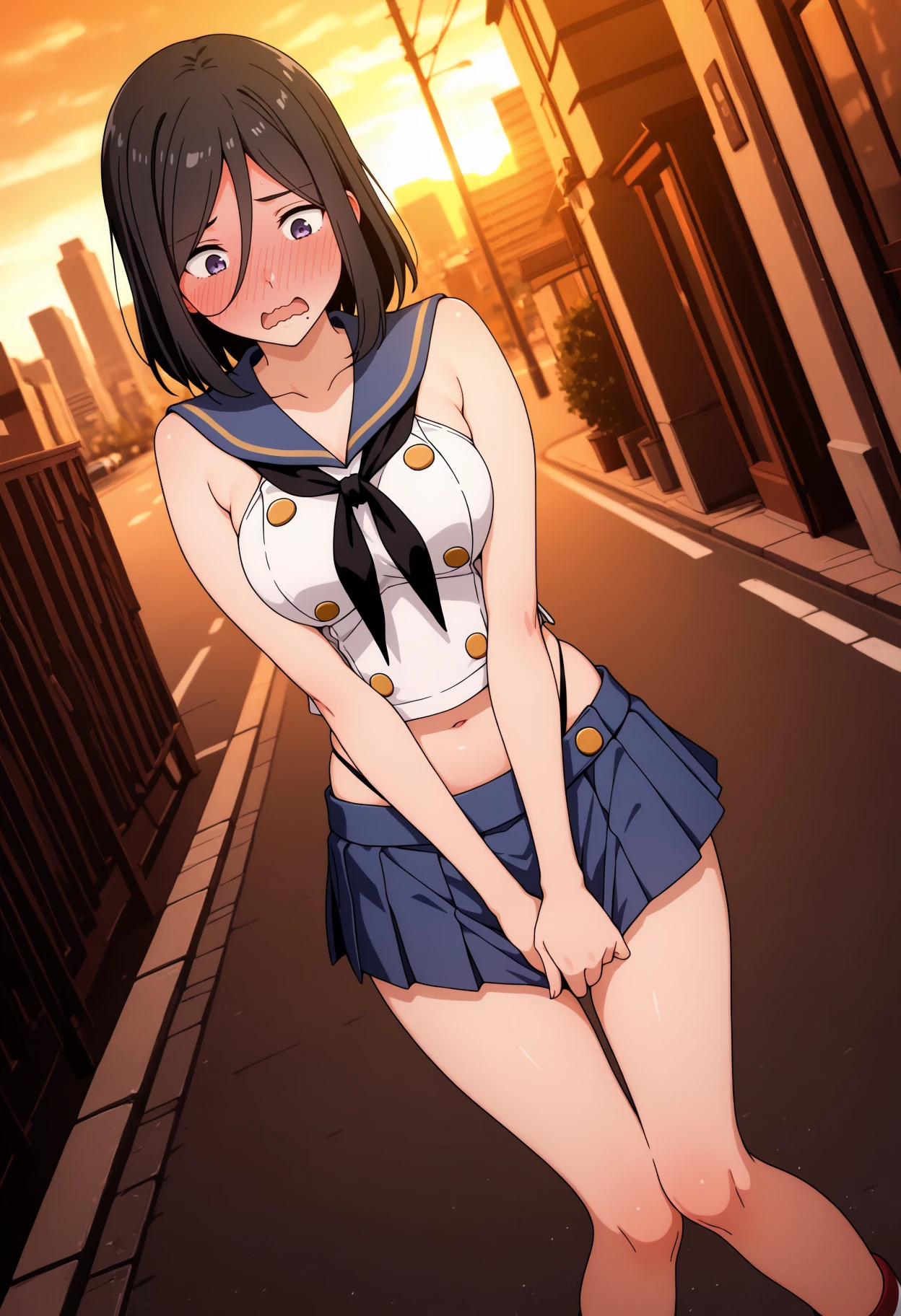 masterpiece:1.2, best quality), (highly detailed:1.3), 1girl, from below, solo, school uniform, sky, cloud, black hair, wind lifting skirt, white panties, skirt, sailor collar, looking at viewer, long hair, building, stormy clouds, sunset, red purple clouds, power lines, shirt, cityscape, scenery, city, , closed mouth, black skirt, WindyUpskirt