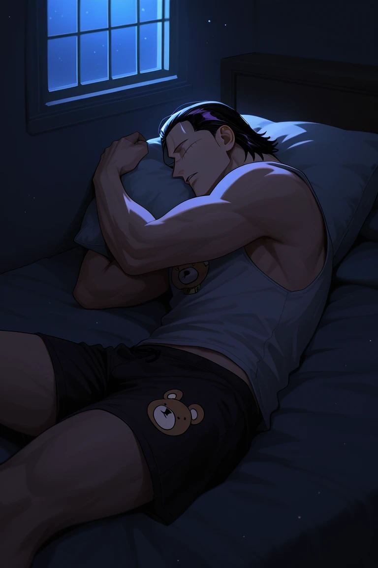 crocodile (one piece)-1male focus, black-purple_crocodile (one piece)_hair, closed eyes, black_crocodile (one piece)_scar across face, manly, parted lips,,
relaxing, sleeping, lying on bed,
casual clothes, tank top, male underwear, bear print on boxer shorts, alternate costume,
blurry background, interior, dark, dark environment, dark theme, night, dimly lit bedroom, moonlight, window, head on pillow,
masterpiece, best quality, amazing quality, very aesthetic, absurdres, newest, very awa