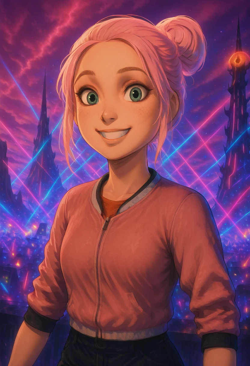 masterpiece, best quality, solo, curvy, beautiful eyes, narrow waist, wide hips, 1girl, solo, smile, looking at viewer, foreshortening, close up, zzBrooklynn, green eyes, hair bun, pink hair, short hair, single hair bun, ,<lora:BrooklynnJurassicPark_IXL:1.0>, , smile, looking at viewer, L0rd0fTh3R4v3s, solo, <lora:SauronsRaveTower_IXL_v1:1.0>,