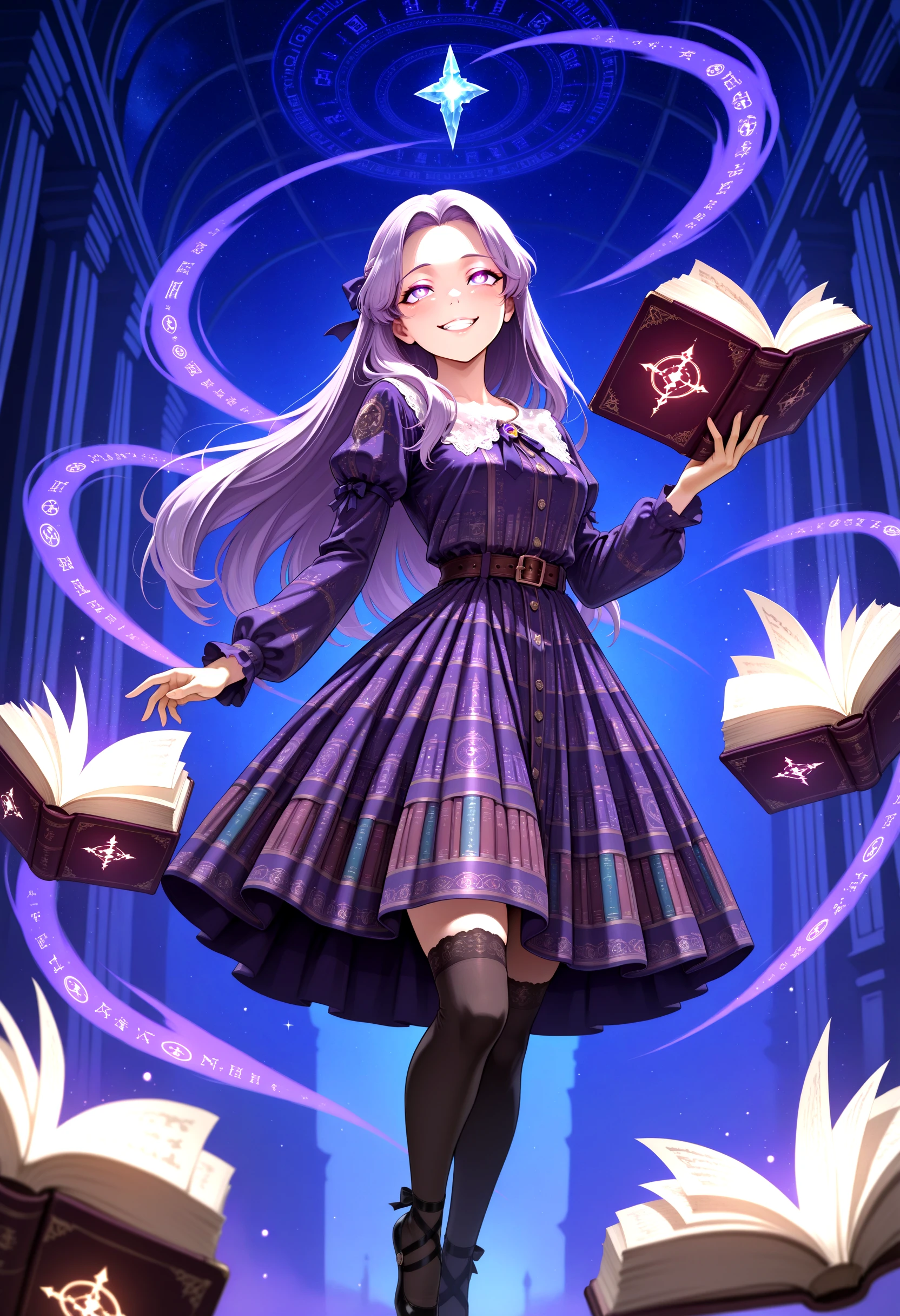 masterpiece, best quality, highly detailed, ultra detailed, 1girl, lavender hair, looking up, yandere_trance, grin, glowing eyes, long hair, straight hair, violet eyes, blank expression, floating, enchanted, magical, whimsical, reading glowing book, fantasy book_print dress, sheer long sleeves, celestial motif skirt, printed constellations and books, gold filigree trim, ribbon belt, thigh high socks, ballet shoes, floating books, magical runes, glowing shelves, starry sky ceiling, fantasy library, mystical lighting, dreamlike atmosphere