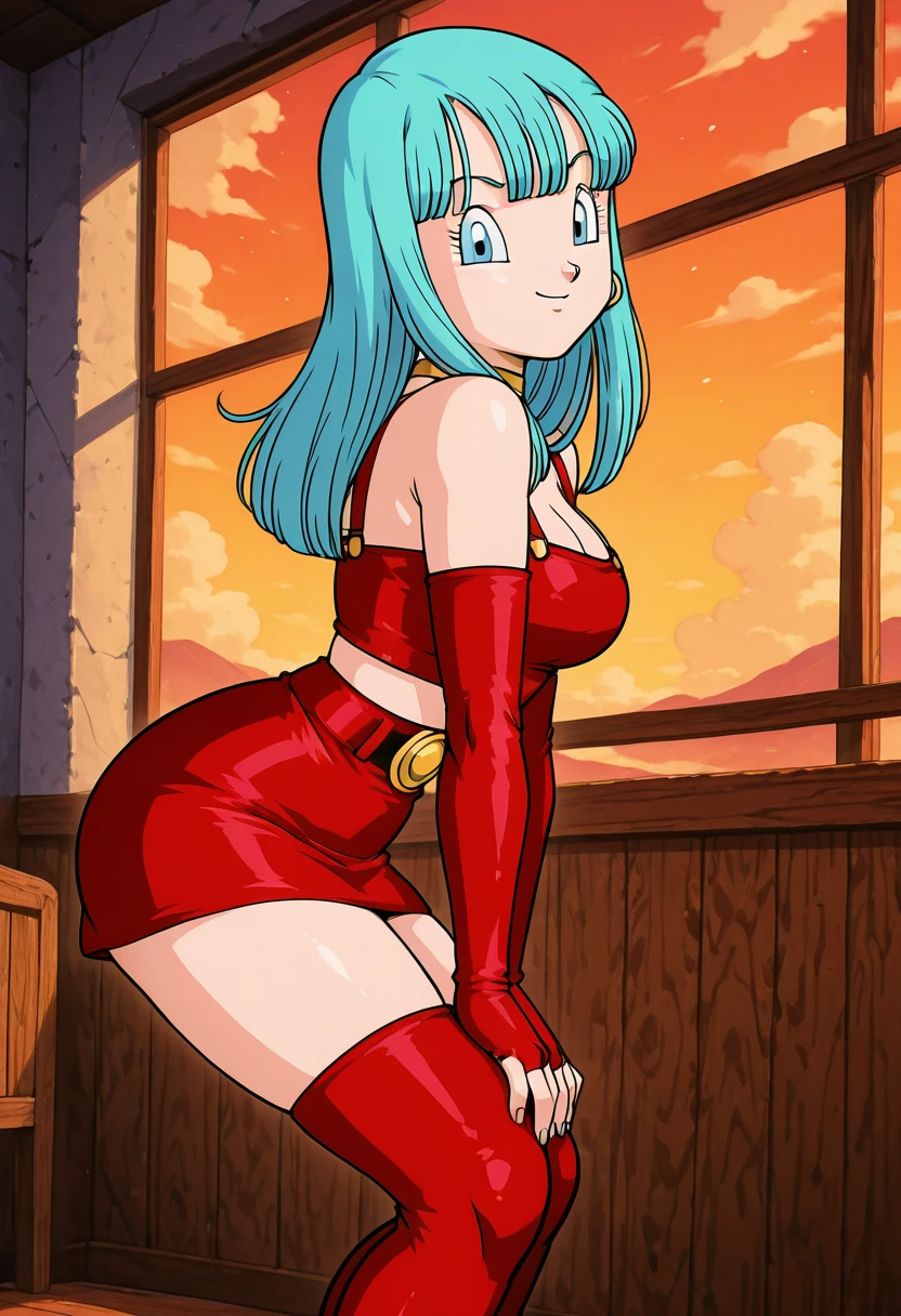 masterpiece, best quality, solo, curvy, beautiful eyes, narrow waist, wide hips, 1girl, solo, smile, looking at viewer, dynamic angle, large breasts,  zzbdbgt, blue eyes, aqua hair, long hair,  red crop top, red skirt, red thighhighs, red elbow gloves,   ,<lora:BraDBIXL_v2:1.0>,    bent over, hands on knees, side view, flirty smile, cowboy shot, looking at viewer,