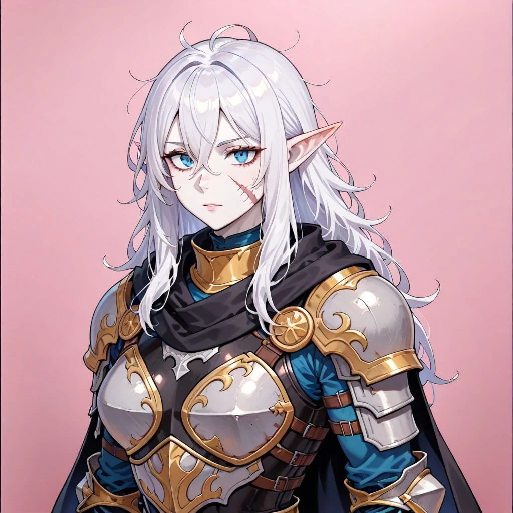 ophelia(claymore),1girl,Solo,fantasy,white skin,silver hair,show the forehead ,((slicked back hair)),((hair pulled back)),(single braid),(long braid),(large braid),yellow eyes,white bodysuit,knight outfit,evil smile,jeer,((simple background)),gray background,old school fantasy art,elf