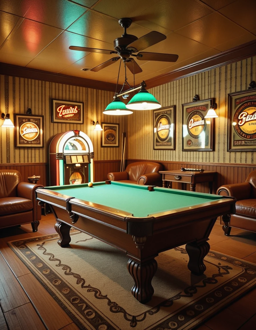 Interior of a vintage 1970s pool room with no people present, wood-paneled walls and shag carpet in earthy tones, overhead pendant lights with green glass shades casting a warm glow over a classic felt-covered pool table, retro wallpaper with geometric patterns, a jukebox in the corner flashing colorful lights, ashtrays on side tables beside leather armchairs, cues neatly arranged on a wooden rack, ceiling fan slowly turning above, and vintage beer advertisements framed on the wallsâeverything evokes a nostalgic, slightly smoky atmosphere frozen in time, rich with the charm and character of a bygone era,1970s pool r00m, <lora:1970s_pool_r00m-i:1>, Masterpiece,best quality,hi res,8k,hi res,8k,award winning,(sharp focus, intricate, highly detailed),