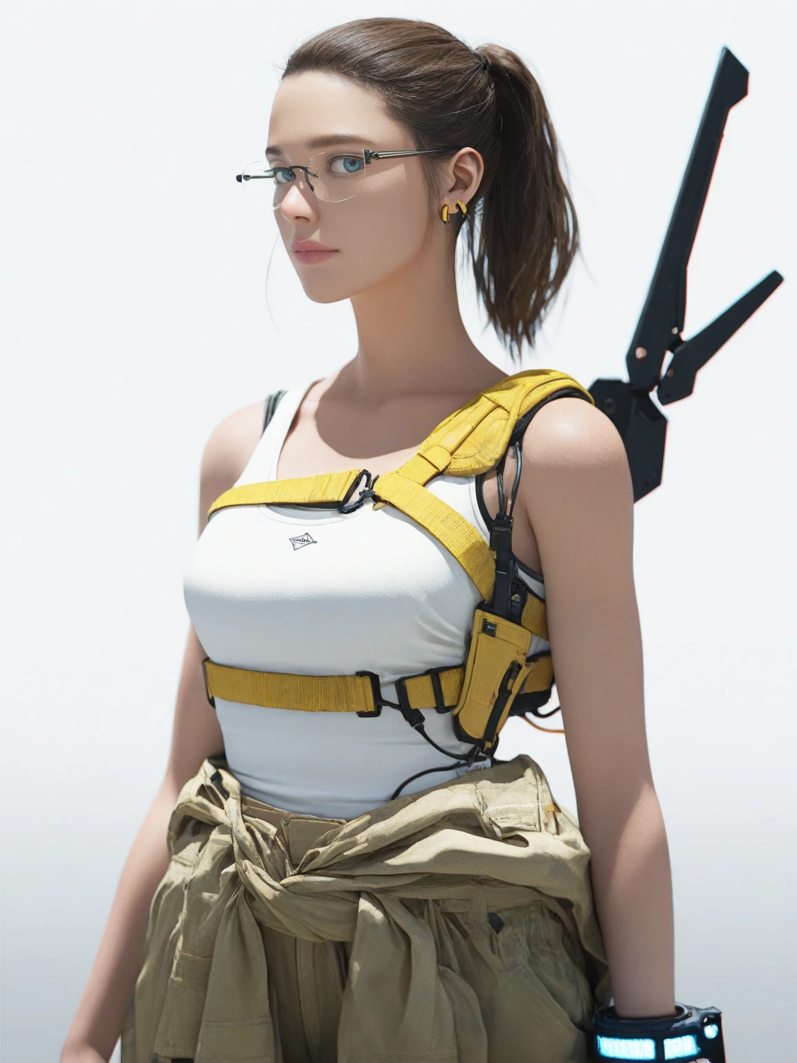 <lora:DS_Mama-IL:0.8> 1girl, solo, cowboy shot, white background, dsmama, brown hair, ponytail, blue eyes, rimless eyewear, earrings, white tank top, bare shoulders, yellow harness, cuff, clothes around waist, science fiction, looking at viewer, masterpiece, best quality, detailed, highres, newest, recent, very awa, very as2