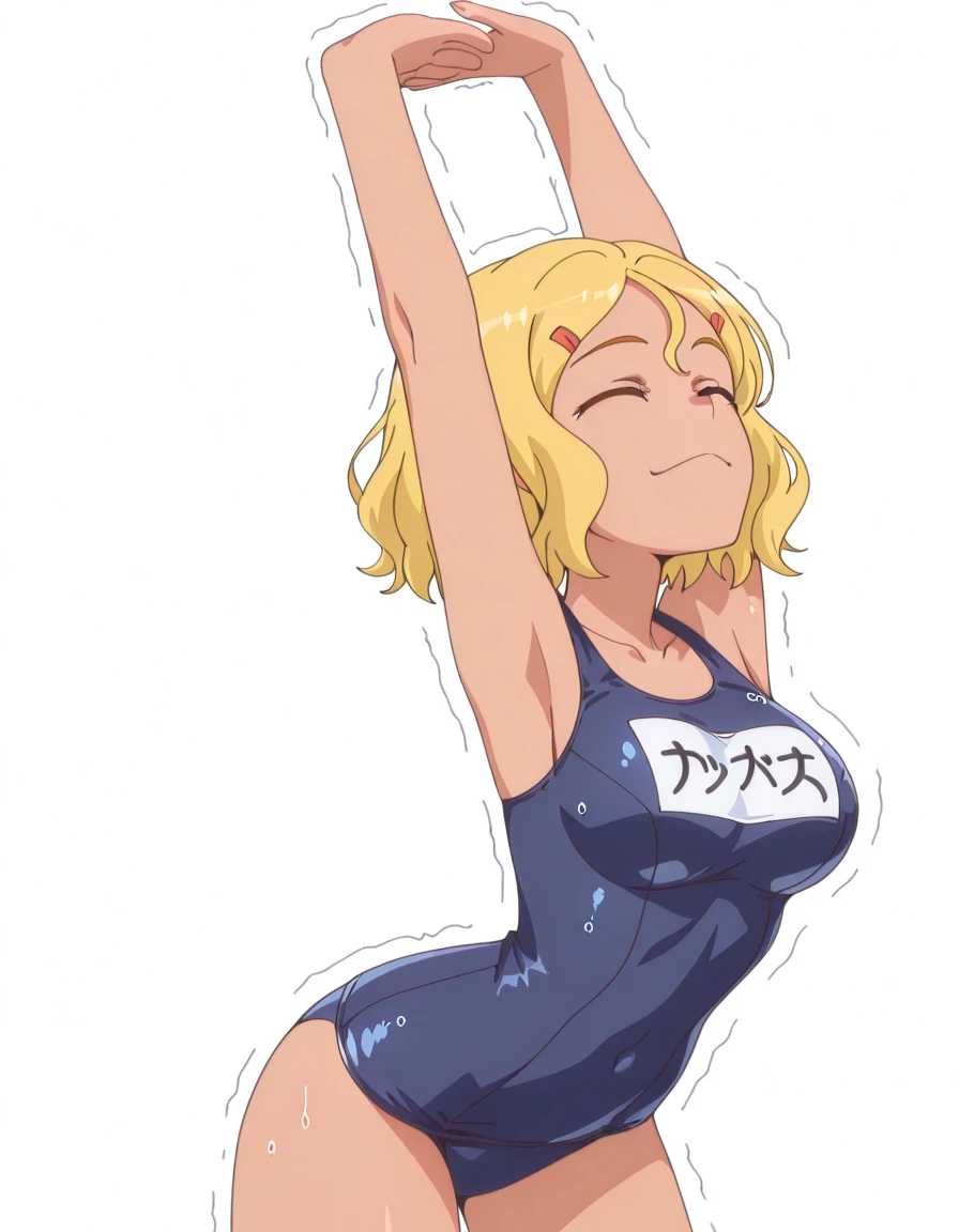 An illustration of a woman laughing heartily, showing genuine joy and amusement. The scene captures her with her mouth open in laughter, eyes closed, and hands on her stomach as she doubles over in mirth. The background is bright and cheerful, emphasizing the positive energy and happiness of the moment. (Blonde、Tank top)