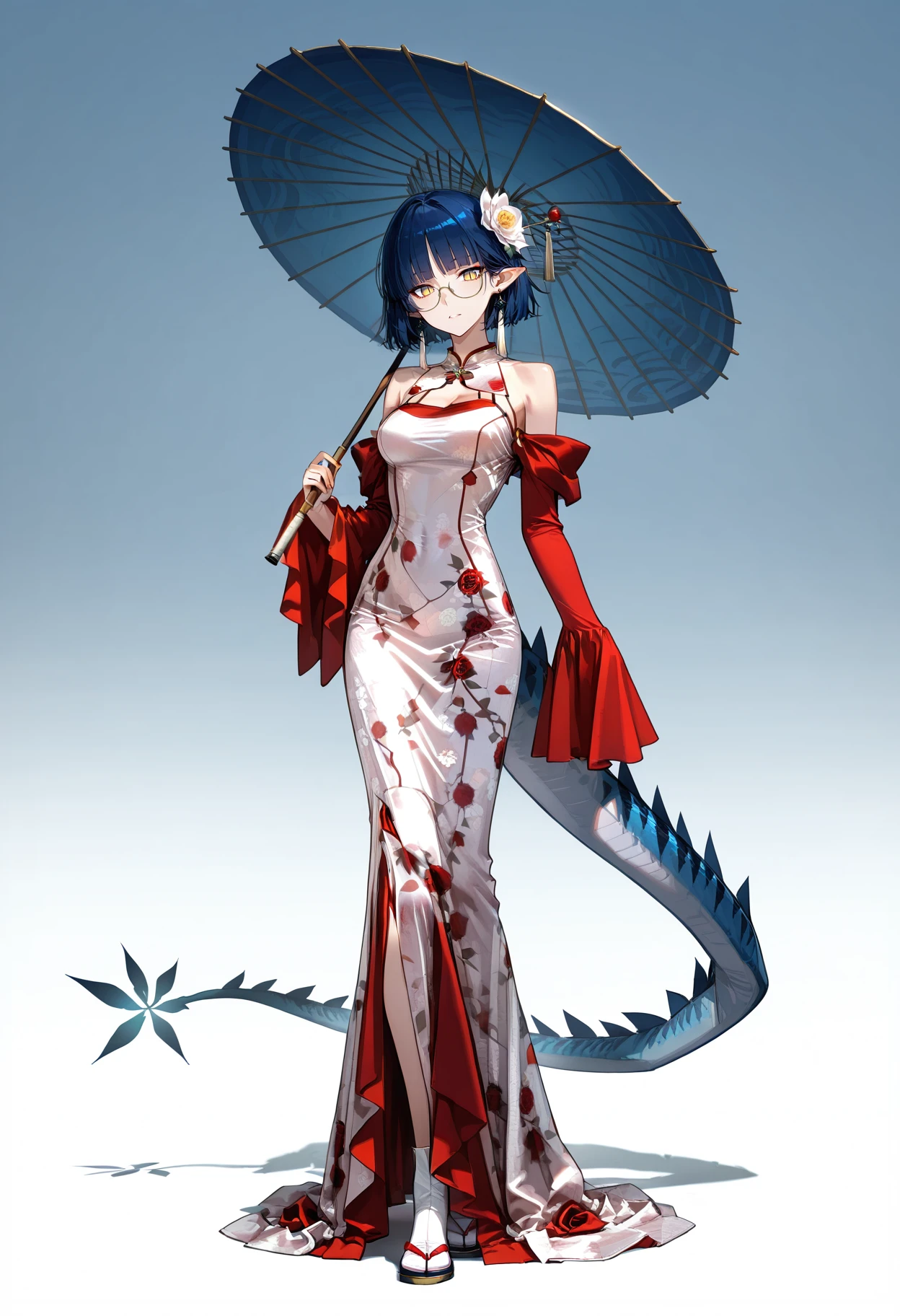 1girl, pointed ears, yellow eyes, slit pupils, blue hair, blind bangs, short hair, hime cut, lizard tail, blue tail, medium breasts, skinny,
umbrella, holding umbrella,  hair ornament, oil-paper umbrella, tabi, seigaiha, glasses, hair flower, jewelry,earrings,
full body, looking at viewer, gradient background,
<lora:RoroririQipaoIL:1.2>, chinese clothes,  velvet dress, detached sleeves, long sleeves, red sleeves, bare shoulders, long dress, rose print dress, floral print, white dress, red dress, 
masterpiece,best quality,amazing quality,  <lora:lmia4IL-style:1>,