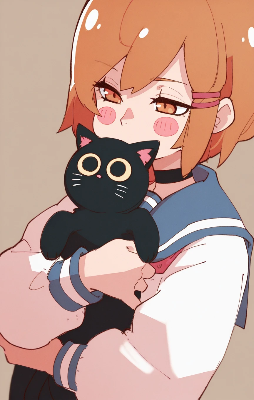 sexy_perspective, (masterpiece), (best quality), (ultra-detailed), amazing quality, very aesthetic, perfect composition, intricate details, absurdres, incredibly absurdres, shiny skin, realistic, shiny hair, clear skin, ultra-detailed-eyes, simple background, cute, eyelashes, greatscore, pretty, extreme perspective, dynamic angle, dynamic pose, HaruHime_ST, sketch, 1girl,,solo,,blush,,short hair,,bangs,,brown hair,,shirt,,hair ornament,,long sleeves,,holding,,white shirt,,upper body,,choker,,hairclip,,sailor collar,,orange hair,,orange eyes,,animal,,blush stickers,,cat,,blue sailor collar,,?,,bandaid,,black cat,,holding animal,,white cat,,holding cat