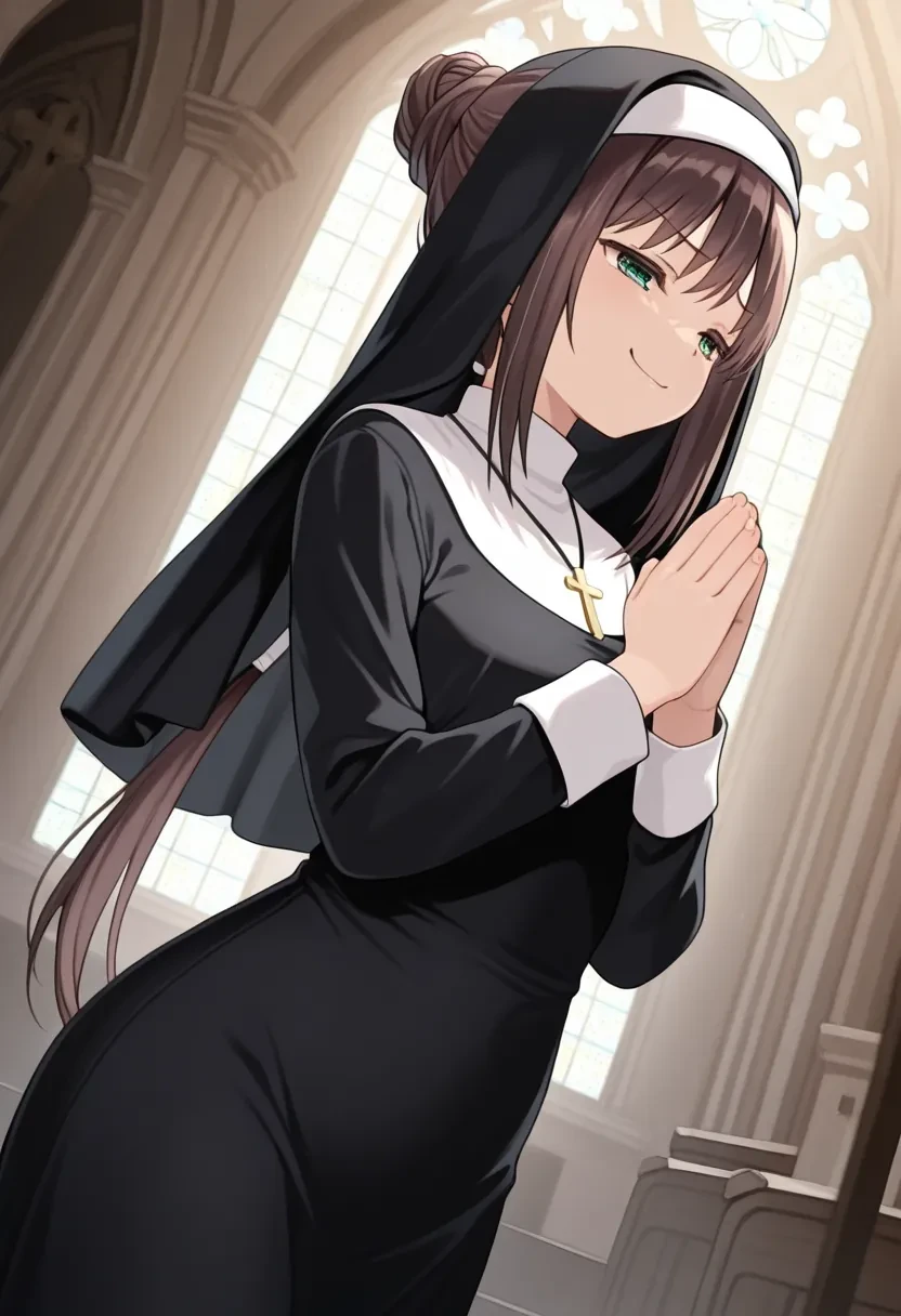 masterpiece,best quality,amazing quality,
1girl, solo,
Nanase Ren, long hair, brown hair, ponytail, hair bun, green eyes,
traditional nun, nun, habit, long sleeves, dress, black dress, jewelry, black veil, cross, cross necklace, church, smug, praying, dutch angle, cowboy shot