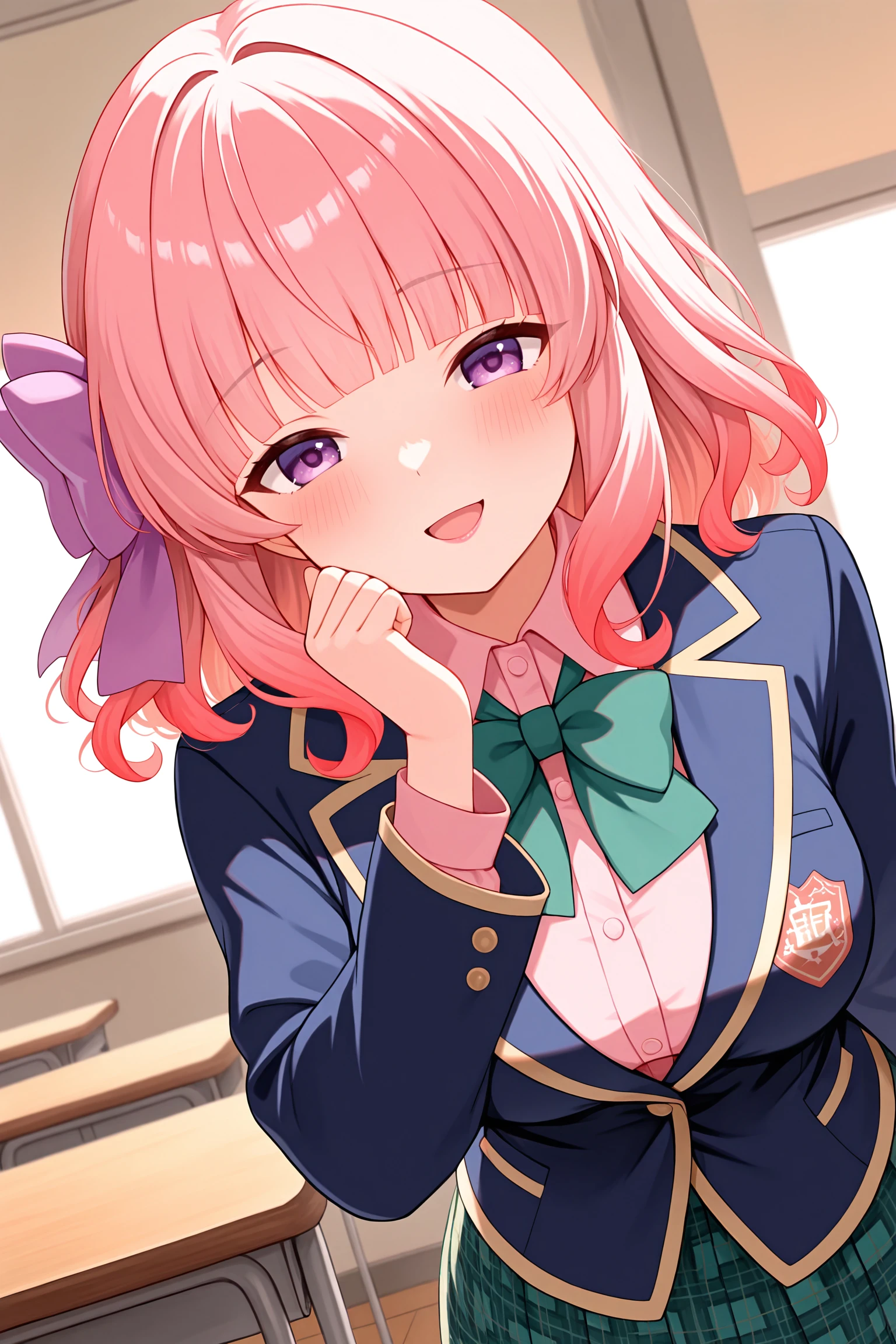 masterpiece, best quality, very aesthetic, nittamoeka, solo, indoors, classroom, pink hair, gradient hair, blunt bangs, hair purple bow, curly ends, medium hair, purple eyes, medium breasts, blue jacket, blazer, green bowtie, collared shirt, pink shirt, frilled shirt, right hand on own cheek, right hand to own mouth, right clenched hand, green skirt, plaid skirt, school uniform, light smile, open mouth, :d, pink lips, <lora:Nitta-Moeka:0.7>
