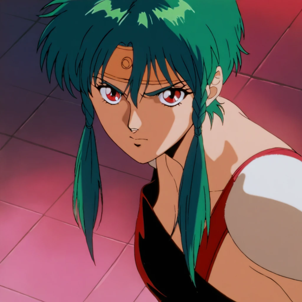 masterpiece,high score,great score,absurdres,solo,anime coloring,looking at viewer,upper_body,<lora:Renge ag4o:1> renge, green hair, short hair with long locks, twin braids, red eyes, retro artstyle,