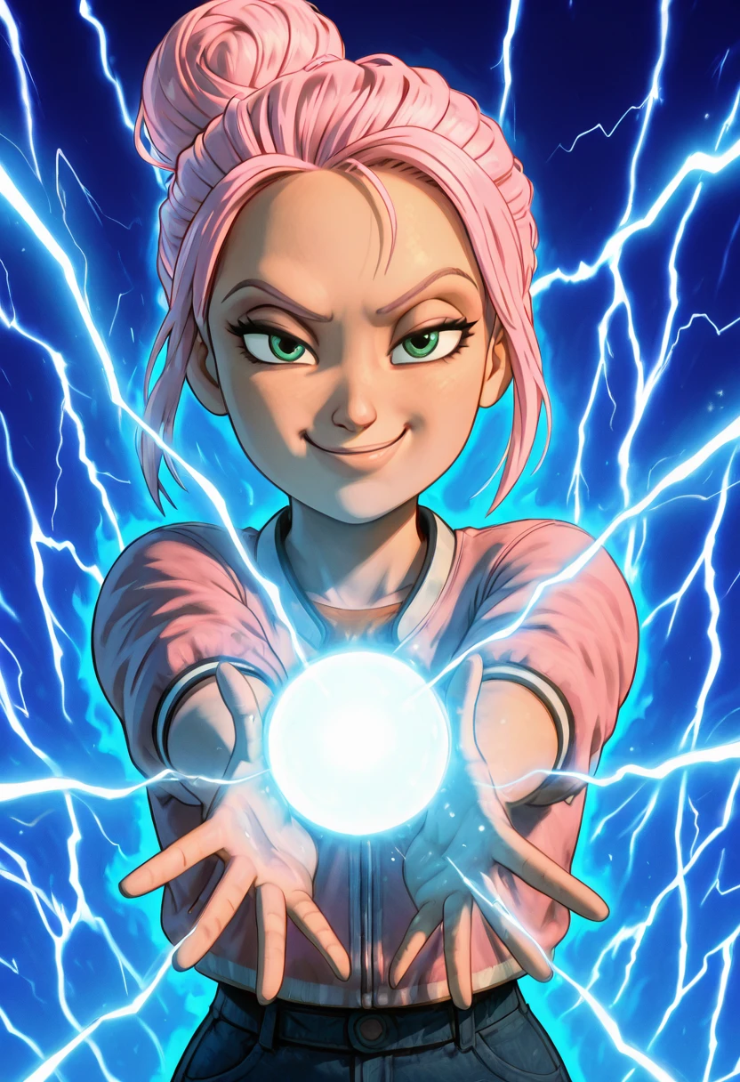 masterpiece, best quality, solo, curvy, beautiful eyes, narrow waist, wide hips, 1girl, solo, smile, looking at viewer, foreshortening, close up, zzBrooklynn, green eyes, hair bun, pink hair, short hair, single hair bun, ,<lora:BrooklynnJurassicPark_IXL:1.0>, ,vivid aura, looking at viewer, blue background, smug, aura, super saiyan, charging energy, energy ball, energy, lightning, <lora:DBSBroly_Style_IXL_v2:0.6>,