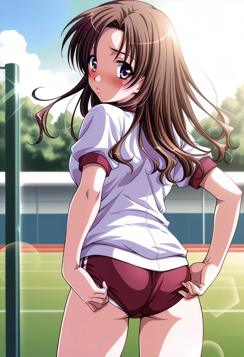 masterpiece, best quality, amazing quality, very aesthetic, absurdres, 8k wallpaper, ultra detailed, 
1girl, solo, shzutan1_sh10n, brown hair, purple eyes, long hair BREAK gym uniform, red buruma, untucked shirt, blush, looking back, standing, legs apart, adjusting buruma, cowboy shot, from behind, outdoor, track, lens flare, sharp focus, depth of field, detailed clothes <lora:shizutani shion v1.1-000015:1>
