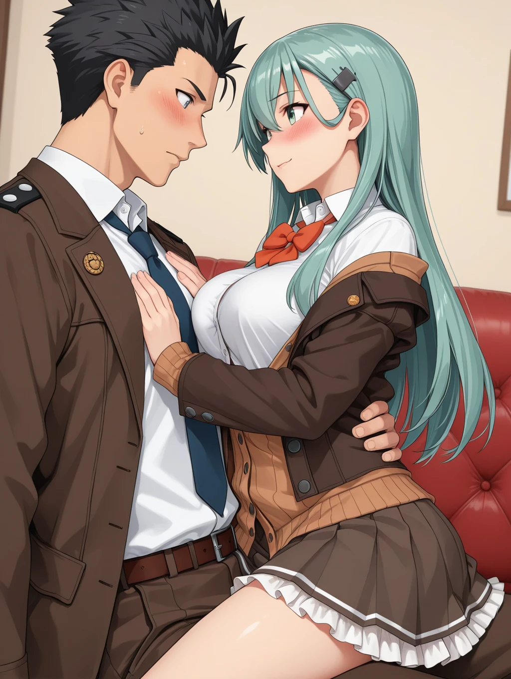 admiral \(kancolle\), suzuya \(kancolle\), suzuya kai ni \(kancolle\), 1boy, 1girl, aqua eyes, aqua hair, black hair, blue bow, blush, bow, bowtie, breasts, brown jacket, brown skirt, cardigan, collared shirt, couch, dress shirt, hair ornament, hairclip, hand on another's chest, hug, indoors, jacket, large breasts, long hair, looking at another, military, military uniform, necktie, open clothes, open jacket, petticoat, red bow, red bowtie, shirt, sitting, skirt, spiked hair, straddling, white shirt, masterpiece, best quality
