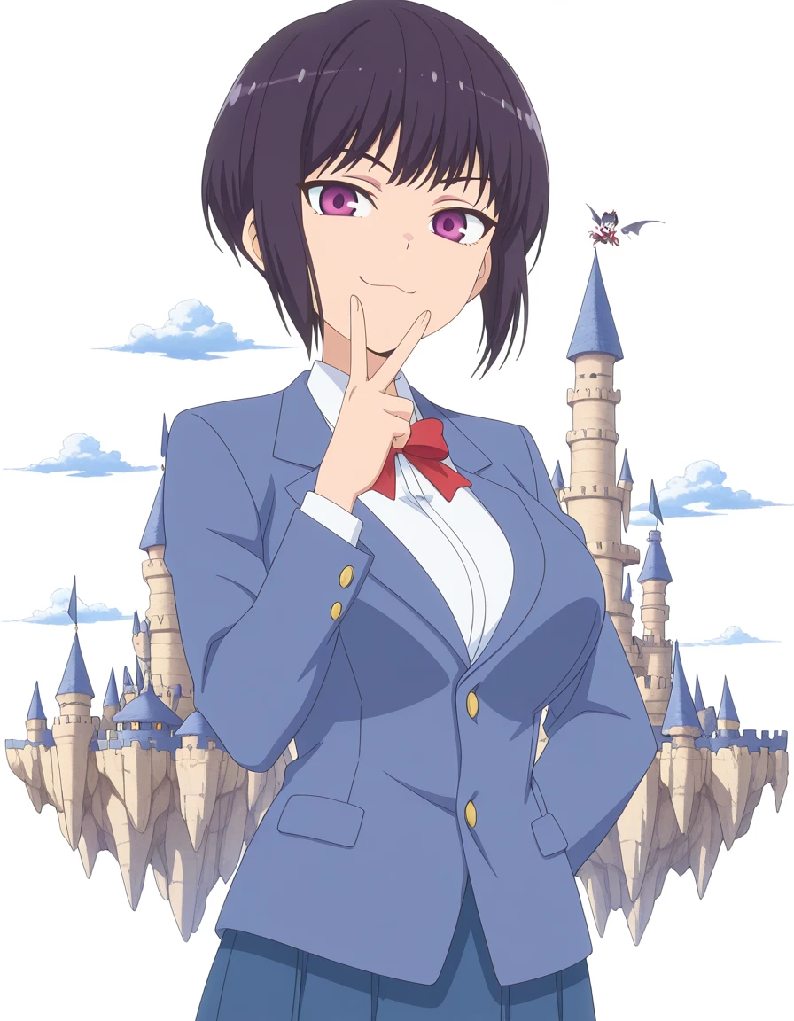 masterpiece, best quality, amazing quality,, <lora:hana-sunomiya-s2-illustriousxl-lora-nochekaiser:1>, hana sunomiya, short hair, bangs, black hair, purple eyes, pixie cut, mature female, breasts, anime screencap, shirt, bow, white shirt, collared shirt, bowtie, red bow, red bowtie, jacket, blazer, skirt, blue skirt,, v, v over mouth, smug,, floating castle, sky, magical, clouds, fantasy, cowboy shot, solo, looking at viewer, <lora:transparent-background-illustriousxl-lora-nochekaiser:1>, transparent background, simple background, white background