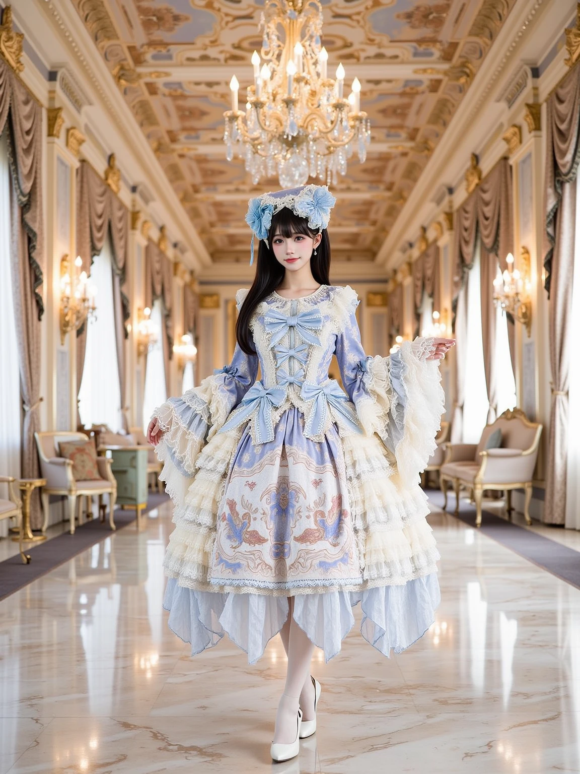 A realistic photo of a slender beautiful young cosplayer in blue and white cyb dress. She is also wearing white pantyhose and white high heels. She has long black straight hair with hairband. She is looking at viewer and smiling.
The sence is {a serene Victorian garden with blooming pastel roses, a white ornate gazebo, and a cobblestone path. Gentle sunlight filters through the trees, creating a dreamy and elegant atmosphere. Butterflies flutter around, and a tea set awaits on a dainty table|an opulent ballroom with golden chandeliers, marble floors, and grand arched windows draped in velvet curtains. The room is illuminated by warm candlelight, with intricate rococo-style details on the walls and ceiling|a vintage carousel in pastel hues, surrounded by twinkling fairy lights and a backdrop of a twilight sky. The scene is whimsical and nostalgic, with playful details and ornate carvings on the carousel horses|a magical forest with towering trees adorned with glowing fairy lights, soft moss-covered ground, and sparkling streams. The air is filled with a whimsical, ethereal glow, creating a fairytale-like scene|A majestic palace garden at dusk, with fountains, marble statues, and perfectly manicured hedges. The sky is painted in soft pink and lavender hues, and lanterns cast a warm glow over the scene|A whimsical tea party set in a lush meadow, with delicate porcelain tea sets, tiered trays of sweets, and colorful flowers. The atmosphere is magical and inviting, with soft sunlight and a gentle breeze|A luxurious rococo-style room with intricate gold detailing on the walls, a grand crystal chandelier, and plush pastel furniture. The room feels regal and sophisticated, perfect for a lavish photoshoot}.
The photo is a full body shot with her entire body visible and with detailed background.