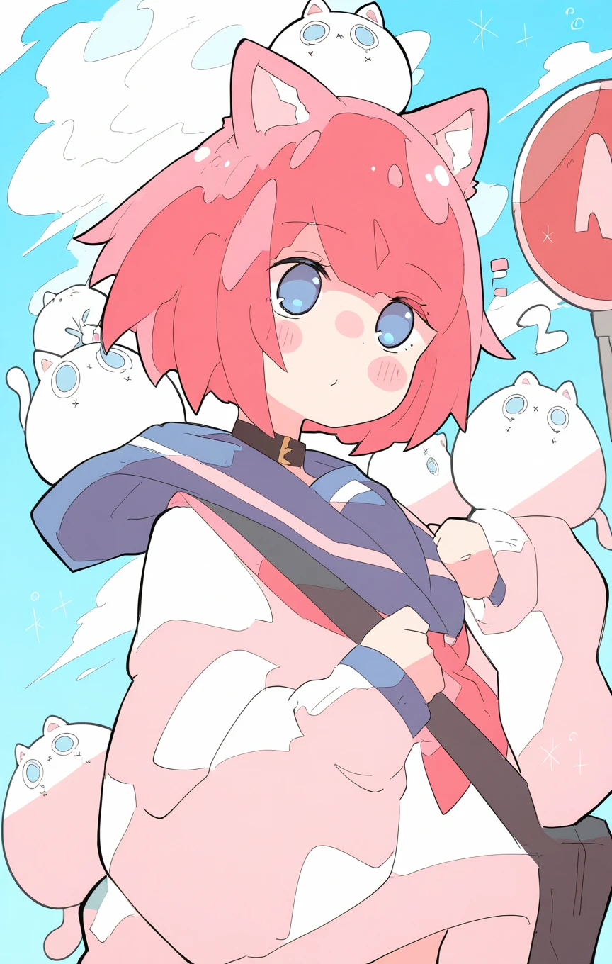 HaruHime_ST, 1girl,,solo,,blush,,short hair,,bangs,,blue eyes,,shirt,,long sleeves,,holding,,animal ears,,white shirt,,upper body,,red hair,,multicolored hair,,cloud,,cat ears,,sailor collar,,collar,,animal,,cat,,sign,,no nose,,white cat, ,sexy_perspective, (masterpiece), (best quality), (ultra-detailed), amazing quality, very aesthetic, illustration, perfect composition, intricate details, absurdres, incredibly absurdres, shiny skin, realistic, shiny hair, clear skin, ultra-detailed-eyes, simple background, cute, eyelashes, greatscore, pretty, extreme perspective, dynamic angle, dynamic pose