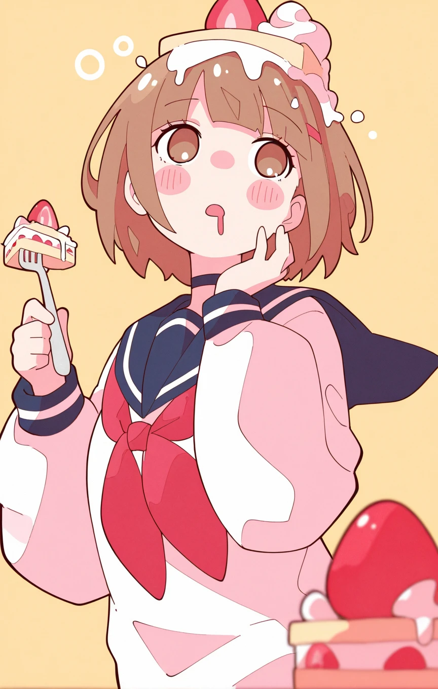 HaruHime_ST, sexy_perspective, (masterpiece), (best quality), (ultra-detailed), amazing quality, very aesthetic, illustration, perfect composition, intricate details, absurdres, incredibly absurdres, shiny skin, realistic, shiny hair, clear skin, ultra-detailed-eyes, simple background, cute, eyelashes, greatscore, pretty, extreme perspective, dynamic angle, dynamic pose, 1girl,,solo,,blush,,short hair,,bangs,,brown hair,,shirt,,long sleeves,,holding,,brown eyes,,white shirt,,upper body,,food,,puffy sleeves,,hand up,,sailor collar,,neckerchief,,fruit,,blue sailor collar,,drooling,,red neckerchief,,puffy long sleeves,,cake,,black sailor collar,,strawberry,,fork,,no nose,,object on head,,holding fork,,cake slice,,food on head,,strawberry shortcake1girl,,solo,,blush,,short hair,,bangs,,brown hair,,shirt,,long sleeves,,holding,,brown eyes,,white shirt,,upper body,,food,,puffy sleeves,,hand up,,sailor collar,,neckerchief,,fruit,,blue sailor collar,,drooling,,red neckerchief,,puffy long sleeves,,cake,,black sailor collar,,strawberry,,fork,,no nose,,object on head,,holding fork,,cake slice,,food on head,,strawberry shortcake