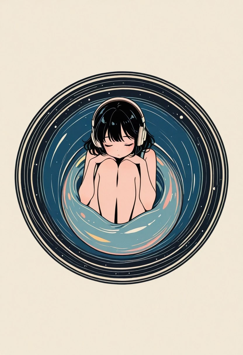 A cute girl curled up in a ball, listening to music, and flat color aesthetic, inspired by Japanese pop art.
jpopstyl3
