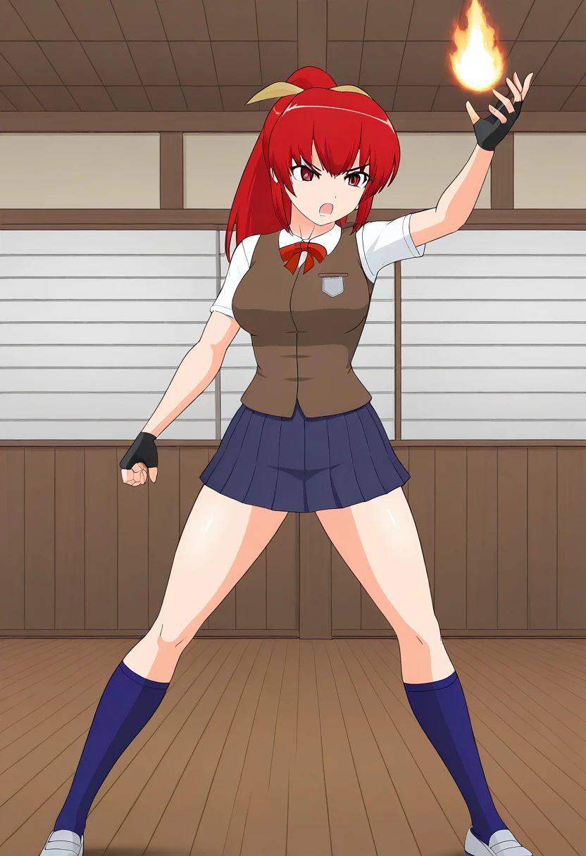 orochinagi, arm up, pyrokinesis, fire in hand, legs apart, open hand, 1girl, solo, satsukirindorival, red hair, ponytail, hair ribbon, red eyes, shirt, short sleeves, vest, breasts, skirt, fingerless gloves, blue socks, shoes, school uniform, indoors, dojo, open mouth, angry, serious,