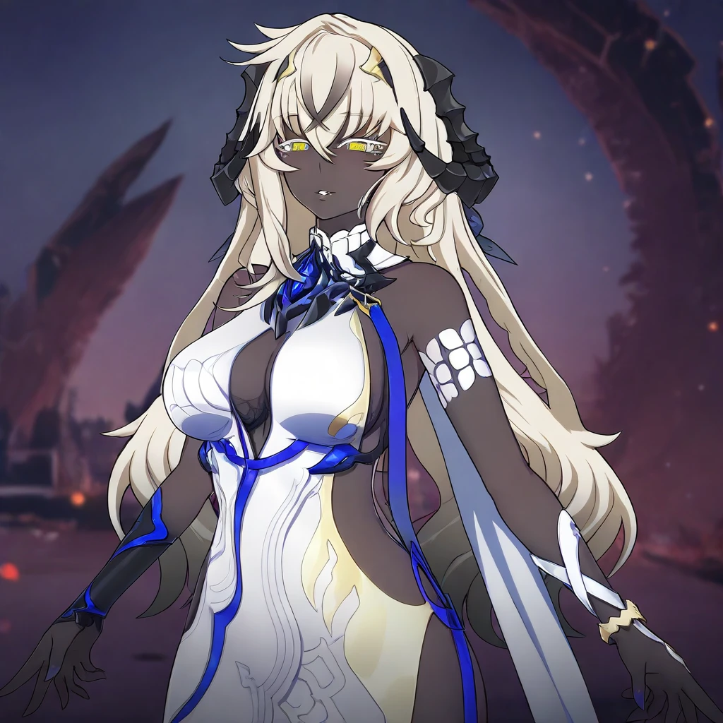((Obra maestra)), ((ultra calidad)), (alto detalle), (proporciones perfectas), (ojos perfectos), (boca perfecta), (manos perfectas), (ojos hermosos), cuerpo completo, looks at the camera, lingerie suit, 1chica, (drow), white hair, (dark skin), female mature, (grey skin), ponytail, (pointy ears), green eyes, serious, standing with bent legs, anime screencap