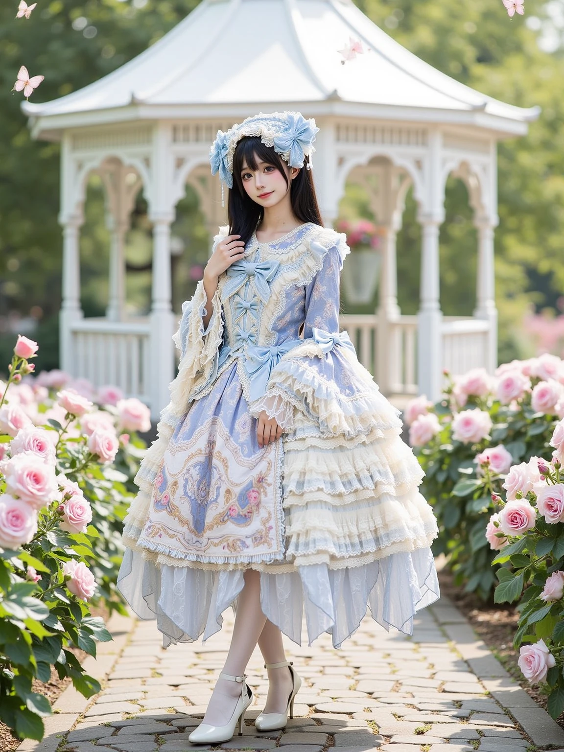 A realistic photo of a slender beautiful young cosplayer in blue and white cyb dress. She is also wearing white pantyhose and white high heels. She has long black straight hair with hairband. She is looking at viewer and smiling.
The sence is a serene Victorian garden with blooming pastel roses, a white ornate gazebo, and a cobblestone path. Gentle sunlight filters through the trees, creating a dreamy and elegant atmosphere. Butterflies flutter around.
The photo is a full body shot with her entire body visible and with detailed background.