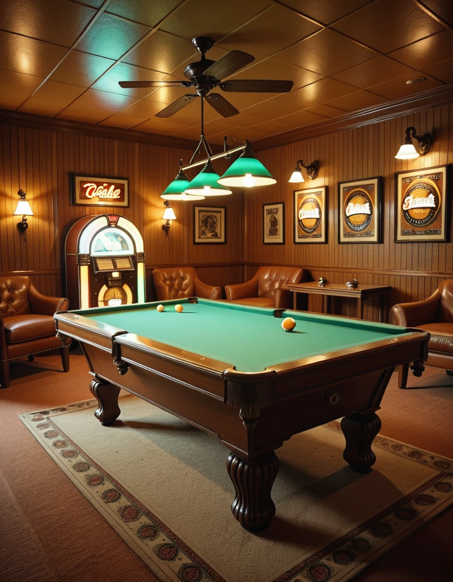 Interior of a vintage 1970s pool room with no people present, wood-paneled walls and shag carpet in earthy tones, overhead pendant lights with green glass shades casting a warm glow over a classic felt-covered pool table, retro wallpaper with geometric patterns, a jukebox in the corner flashing colorful lights, ashtrays on side tables beside leather armchairs, cues neatly arranged on a wooden rack, ceiling fan slowly turning above, and vintage beer advertisements framed on the wallsâeverything evokes a nostalgic, slightly smoky atmosphere frozen in time, rich with the charm and character of a bygone era,1970s pool r00m, <lora:1970s_pool_r00m-i:1>, Masterpiece,best quality,hi res,8k,hi res,8k,award winning,(sharp focus, intricate, highly detailed),
