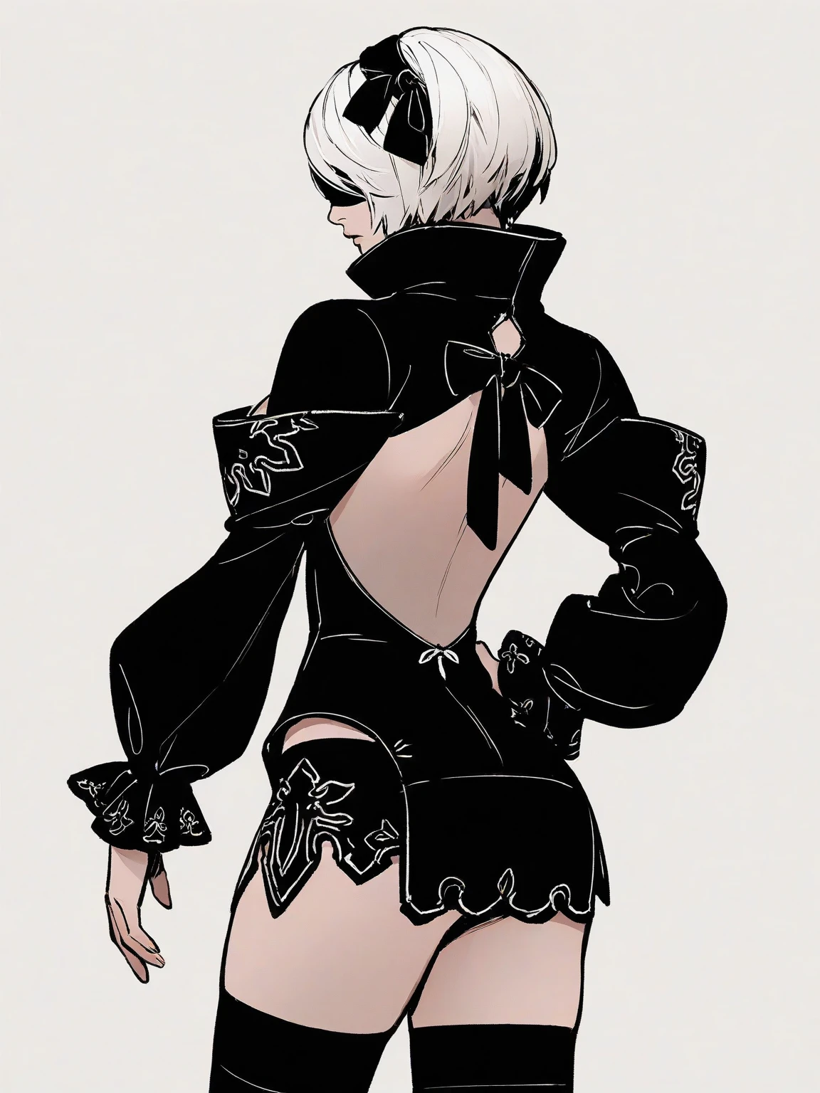 <lora:Nier_Rein2B-IL:0.8> 1girl, solo, cowboy shot, simple background, nier2Bdivergent, hairband, white hair, short hair, puffy sleeves, clothing cutout, short dress, black thighhighs, back to viewer, hand on hip, masterpiece, best quality, detailed, highres, newest, recent, very awa, very as2