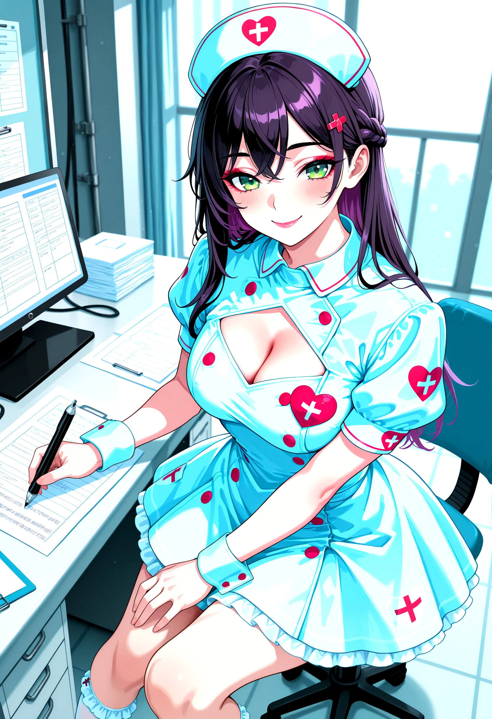 nsn-illu, p4rsley-f_illu, cleavage_cutout, skintight, smile, portrait, 1girl, nurse, clipboard, writing, name tag, nurse uniform, white uniform, white nurse cap, braid, long hair, black hair, hairclip, green eyes, hospital interior, reception desk, fluorescent lighting, paperwork, front desk, medical setting, purple hair, blue dress, collared_dress, nurse uniform, long eyelashes, lipgloss, makeup, hair bow, gloves, nurse cap, puffy_short_sleeves, nurse, medium dress, wrist cuffs, thigh socks, frilly socks, mary janes, platform footwear
masterpiece, very aesthetic, cinematic lighting, 8k, bokeh, blurry foreground, vignetting, amazing quality, newest, ultra-detailed, depth of field, blurry_background, amazing background