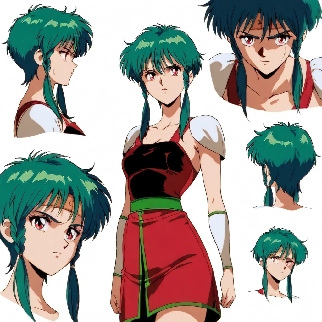 masterpiece,high score,great score,absurdres,solo,anime coloring,looking at viewer,cowboy_shot,<lora:character_Sheet_XL:1> character sheet, multiple views, white background,<lora:Renge ag4o:1> renge, green hair, short hair with long locks, twin braids, red eyes, retro artstyle,