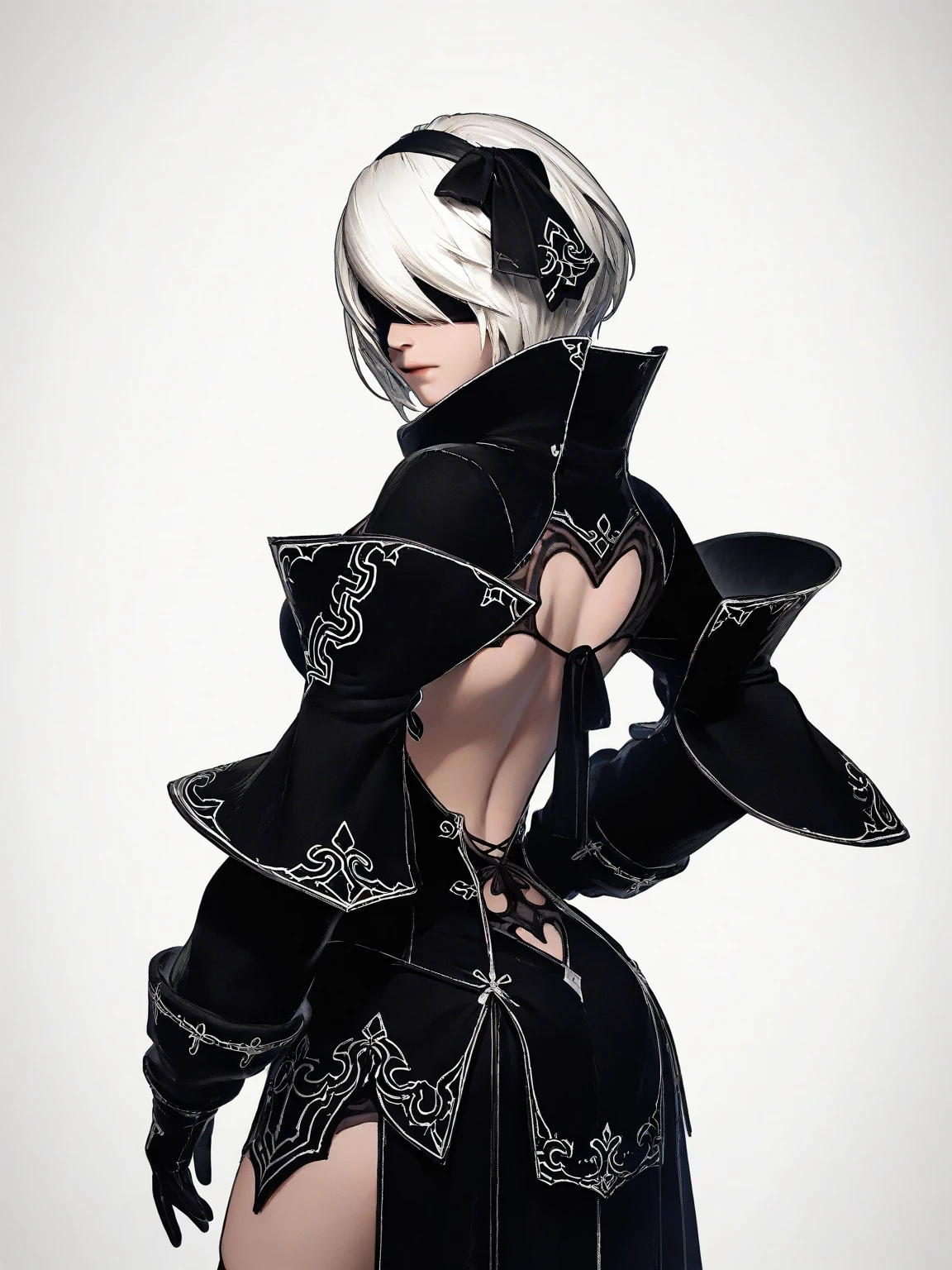 <lora:Nier_Rein2B-IL:0.8> 1girl, solo, cowboy shot, simple background, nier2Balternate, hairband, black dress, black gloves, clothing cutout, back to viewer, hand on hip, masterpiece, best quality, detailed, highres, newest, recent, very awa, very as2
