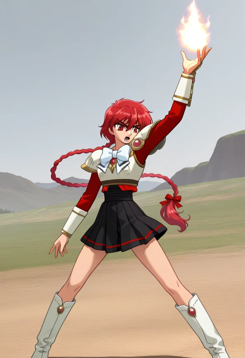 orochinagi, arm up, pyrokinesis, fire in hand, legs apart, open hand, 1girl, solo, AEHikaru, AEHikaruKnight, red eyes, red hair, braided ponytail, hair between eyes, hair ribbon, long braid, long hair, single braid, breastplate, pauldrons, shoulder armor, gem, black skirt, boots, kneeboots, white footwear, outdoors, kingdom, open mouth, serious,