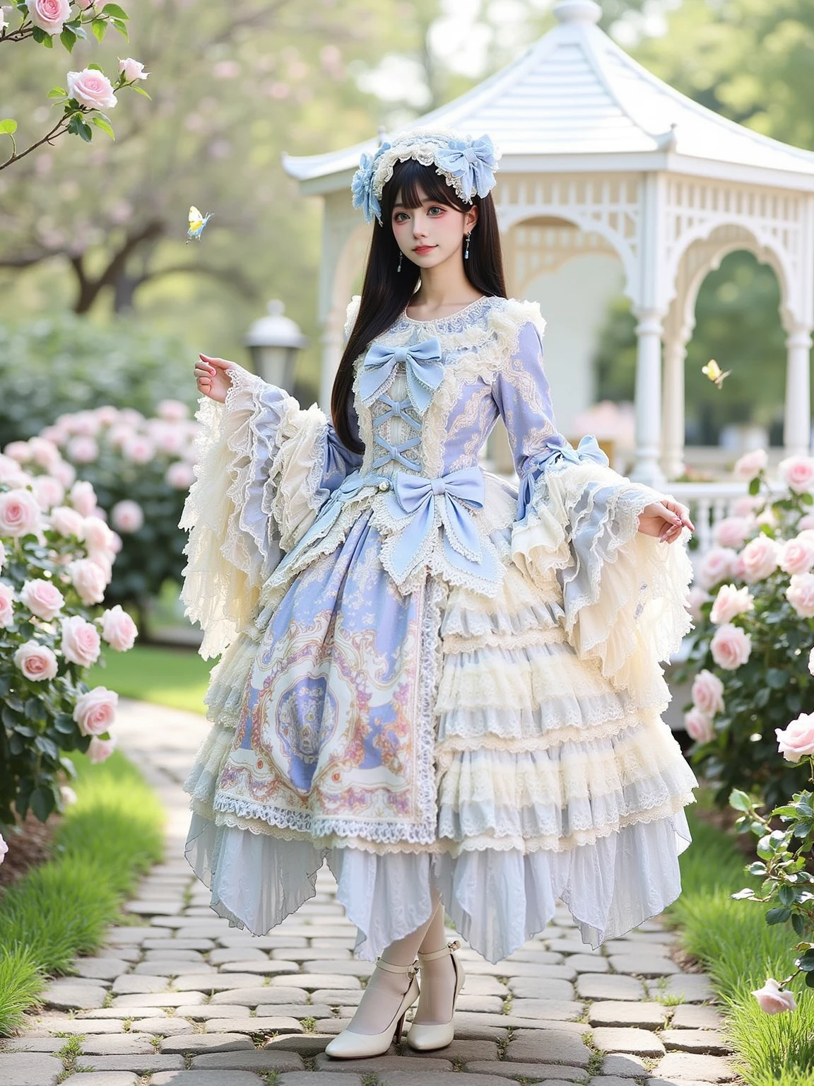 A realistic photo of a beautiful young cosplayer in blue and white cyb dress. She is also wearing white pantyhose and white high heels. She has long black straight hair with hairband.
The sence is a serene Victorian garden with blooming pastel roses, a white ornate gazebo, and a cobblestone path. Gentle sunlight filters through the trees, creating a dreamy and elegant atmosphere. Butterflies flutter around.
The photo is a full body shot with her entire body visible and with detailed background.