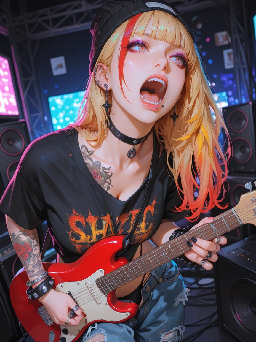 masterpiece, ultra-HD, impressionism, high detail, best quality, very aesthetic, 8k, best quality, sharp focus, depth of field,
hyper realistic, vibrant colors, film grain.
1woman, looking away, screaming, wide open mouth.
blonde blunt_bangs, red streaked long_hair, eyeshadow, lowleg, large chest, gothic_punk attire, beanie loose, oversized_t-shirt, choker, lip_piercing, rings, excessive bracelet, loose denim_pants, tattoo_arm, holding instrument, leaning forward, thong, too many speakers background, bent back. dynamic composition, dynamic angle, dynamic lighting.