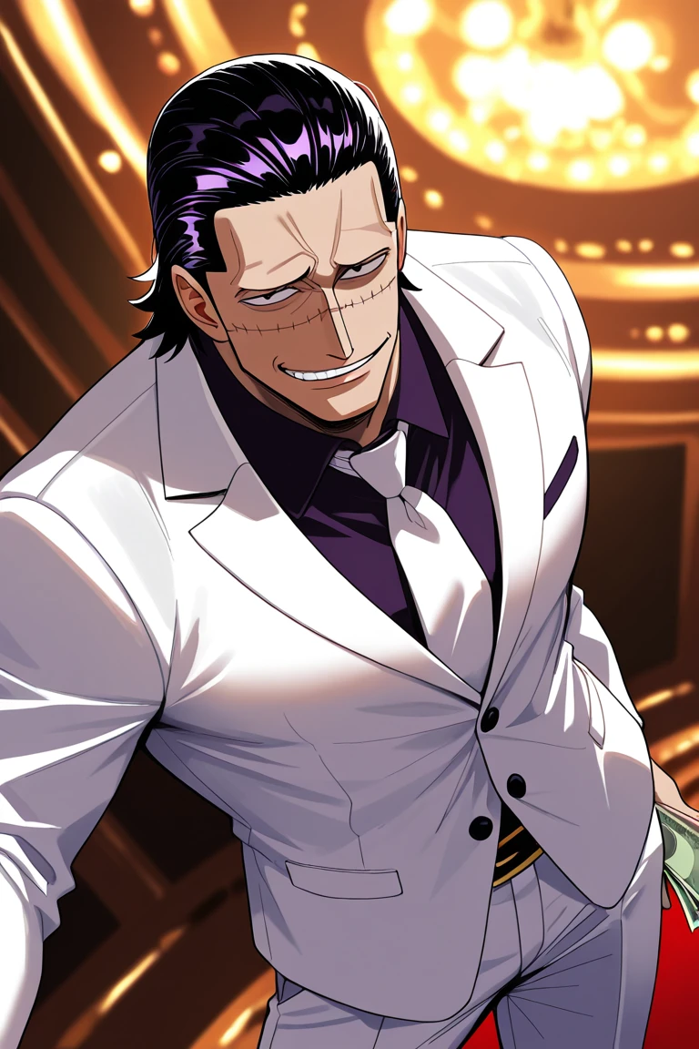 crocodile (one piece)-1male focus, black-purple_crocodile (one piece)_hair, black eyes, black_crocodile (one piece)_scar across face, manly, looking at viewer, expressive manly naughty face, smug, provocative, shaded eyes, shaded face,
posing, contrapposto, holding money,
white suit, alternate costume,
close-up, blurry background, interior, casino
dynamic angle, dynamic action, cinematic, symbolic, surreal, atmospheric perspective, masterpiece, best quality, amazing quality, very aesthetic, absurdres, newest, very awa