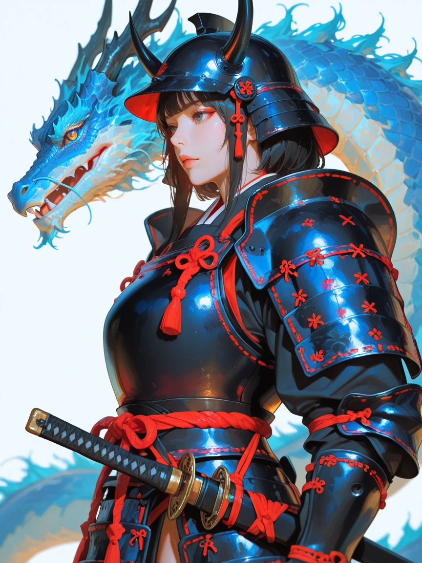 masterpiece, ultra-HD, impressionism, high detail, best quality, very aesthetic, 8k, best quality, sharp focus, depth of field,
hyper realistic, vibrant colors, film grain.
1woman, asian face, black eye,
bangs, helmet with horns.
(samurai armor and sheath),
simple background, dragon,
from side, waist shot,