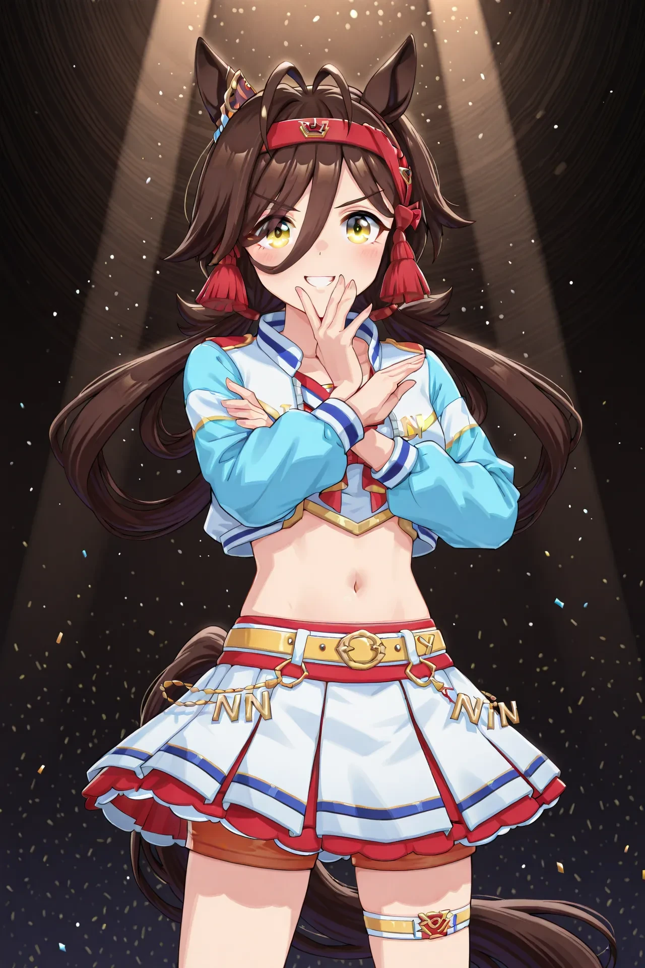 no reason \(umamusume\),animal ears,braid,brown hair,hairband,horse ears,long hair,ear ornament,ahoge,antenna hair,red hairband,<lora:no_reason:0.8>,,
run&win,
official alternate costume,cheerleader,ponytail,long sleeves,crop top,white shirt,sailor collar,midriff,navel,belt,layered skirt,pleated skirt,white skirt,miniskirt,thigh strap,shorts under skirt,short shorts,orange shorts,white socks,red footwear,sneakers,shoes,<lora:RUNWIN:0.8>,, 1girl,solo,smile,looking at viewer,cowboy shot,pose,spotlight,