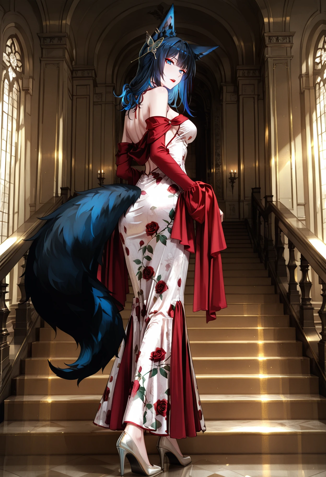 1foxgirl, medium breasts, blue eyes, slit pupils, long hair, ((black hair), blue hair, multicolored hair, fox ears, fox tail), masacra, eyeshadow, rose lipstick, mole, detailed eyes,
stairs, high heels, looking at viewer, butterfly hair ornament, back view,
stairs, indoors, castle,
<lora:RoroririQipaoIL:1.2>, chinese clothes,  velvet dress, detached sleeves, long sleeves, red sleeves, bare shoulders, long dress, rose print dress, floral print, white dress, red dress, 
masterpiece,best quality,amazing quality,  <lora:lmia4IL-style:1>,