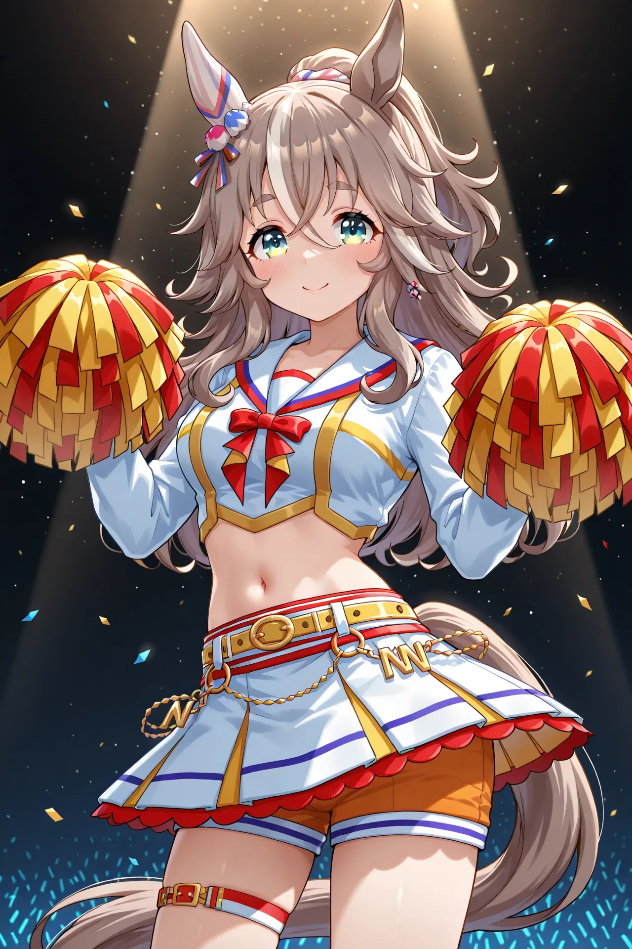 wonder acute \(umamusume\),medium breasts,horse tail,tail,grey hair,horse girl,brown hair,bangs,multicolored hair,green eyes,blue eyes,streaked hair,very long hair,two-tone hair,animal ears,horse ears,long hair,white hair,hair between eyes,,
run&win,
official alternate costume,cheerleader,ponytail,long sleeves,crop top,white shirt,sailor collar,midriff,navel,belt,layered skirt,pleated skirt,white skirt,miniskirt,thigh strap,shorts under skirt,short shorts,orange shorts,white socks,red footwear,sneakers,shoes,<lora:RUNWIN:0.8>,, 1girl,solo,smile,looking at viewer,cowboy shot,pose,spotlight,