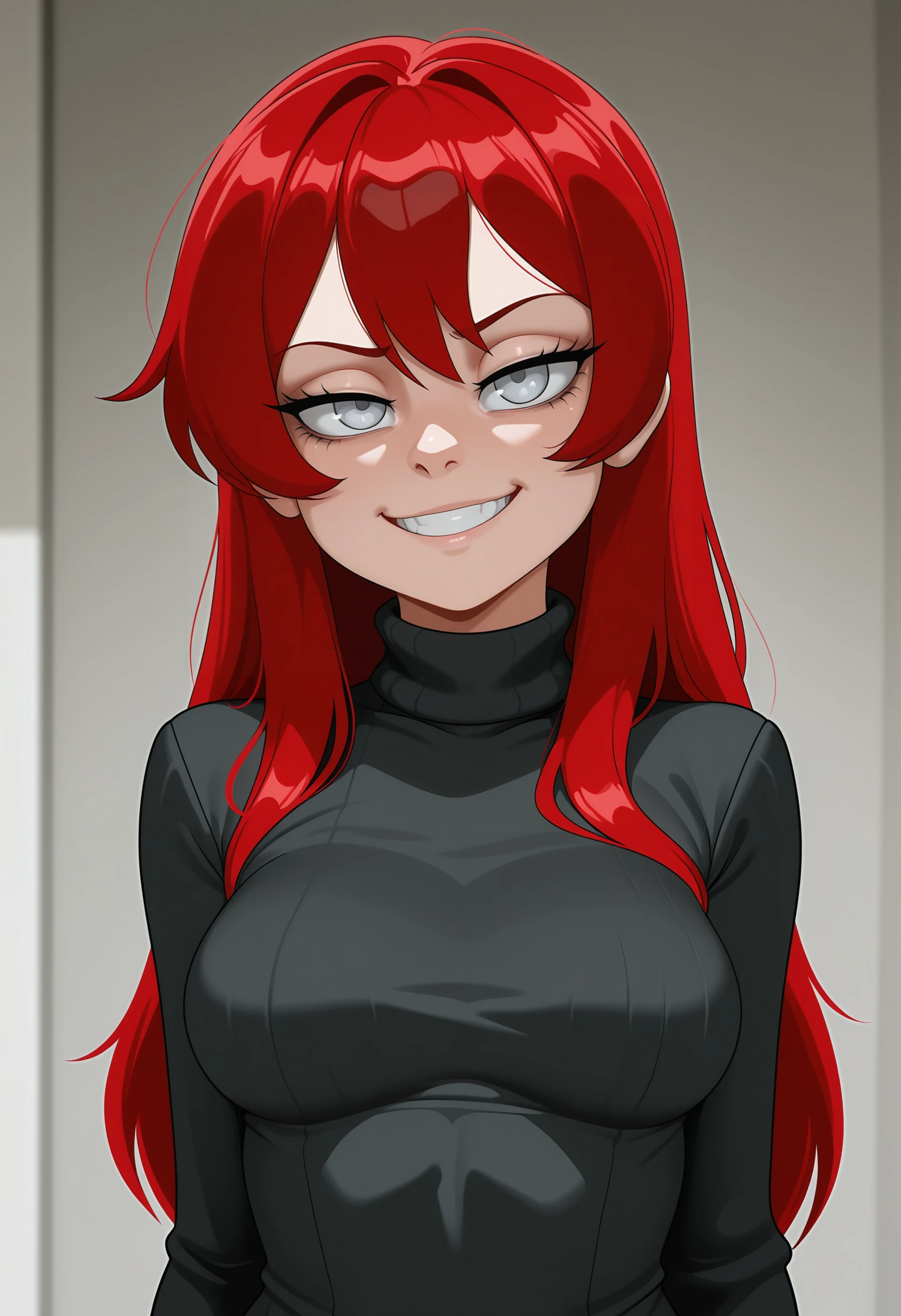 masterpiece, best quality, amazing quality, very aesthetic, absurdres, newest, <lora:FCute3ILf:1> fcs3ilf, 1girl, long hair, black turtleneck, long sleeves, red hair, grey eyes, medium breasts, upper body, grin,