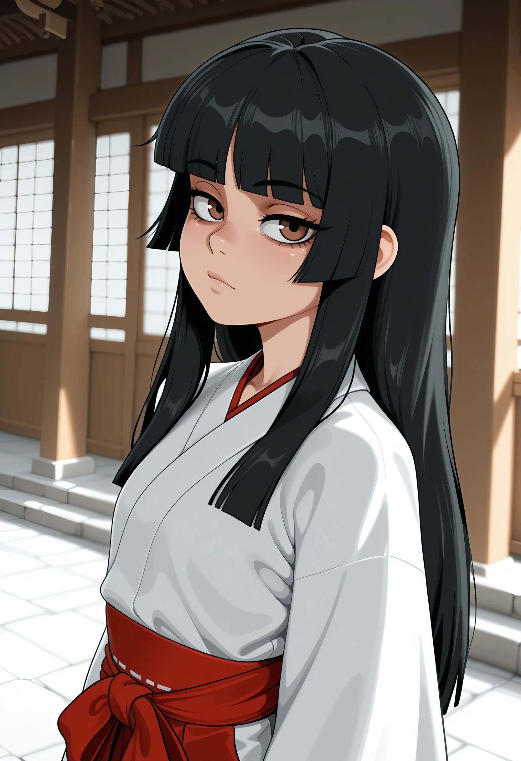 masterpiece, best quality, amazing quality, very aesthetic, absurdres, newest, <lora:FCute3ILf:1> fcs3ilf, 1girl, miko, hime cut, black hair, brown eyes, upper body, looking at viewer,
japanese temple,