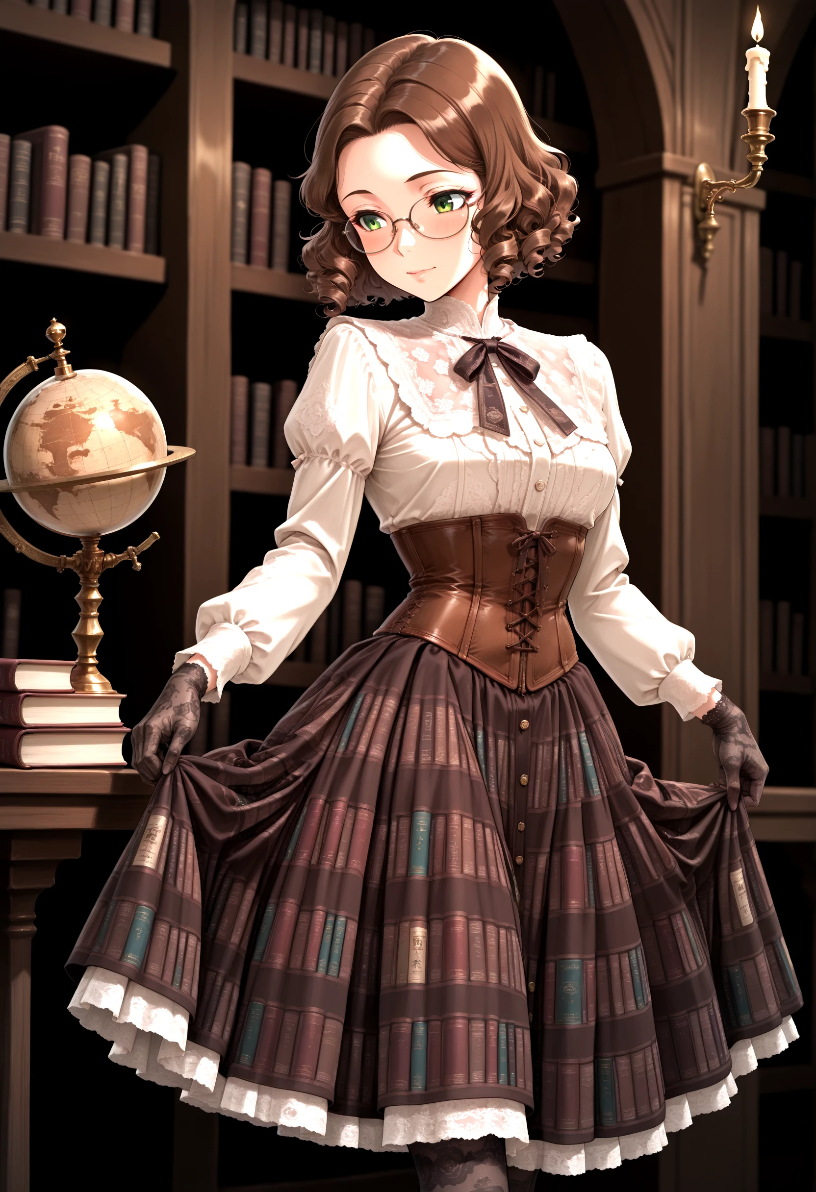 masterpiece, best quality, highly detailed, ultra detailed, 1girl, short wavy hair, brown hair, glasses, green eyes, curious expression, standing, holding candle holder, lifting skirt slightly, long sleeved blouse, frilled high collar, ribbon tie, layered book print jsk, corset bodice, gold trim, dark brown and ivory color scheme, lace gloves, lace tights, leather loafers, antique library, wooden shelves, stacked books, globe, candlelight, dusty atmosphere, historical interior
