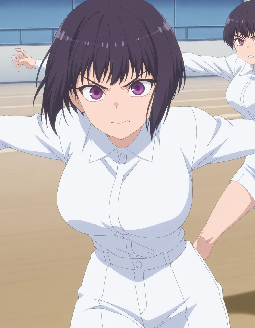 masterpiece, best quality, amazing quality,, <lora:hana-sunomiya-s2-illustriousxl-lora-nochekaiser:1>, hana sunomiya, short hair, bangs, black hair, purple eyes, pixie cut, mature female, breasts, anime screencap, <lora:dynamic-pose-illustriousxl-lora-nochekaiser:1>, dynamic pose, fighting, cowboy shot, ,