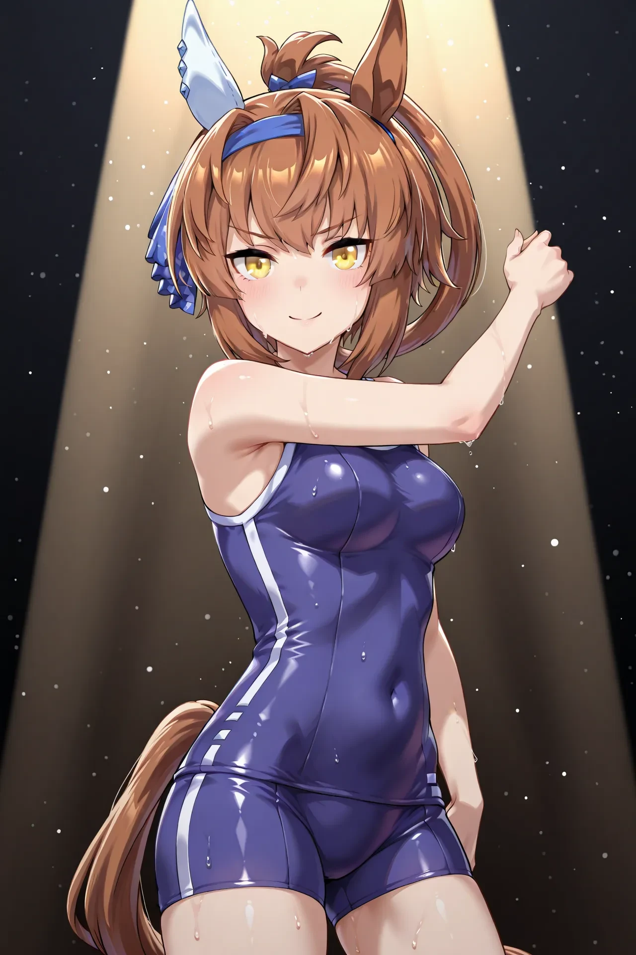 <lora:tracen_swimsuit:0.7>,tracen swimsuit,swimsuit,bare shoulders,sleeveless,
furioso \(umamusume\),medium breasts,animal ears,horse ears,horse girl,brown hair,yellow eyes,horse tail,<lora:Furioso-illustriousXL:0.8>,,, 1girl,solo,smile,looking at viewer,cowboy shot,pose,spotlight,