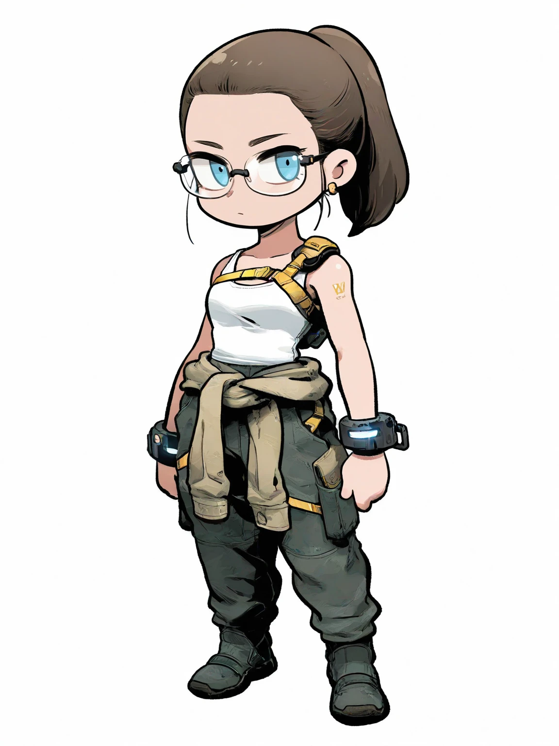 <lora:DS_Mama-IL:0.8> 1girl, solo, chibi, full body, white background, dsmama, brown hair, ponytail, blue eyes, rimless eyewear, earrings, white tank top, bare shoulders, yellow harness, cuff, clothes around waist, science fiction, looking at viewer, masterpiece, best quality, detailed, highres, newest, recent, very awa, very as2